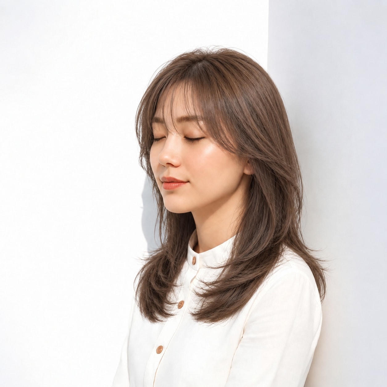 10. 顔まわりレイヤーロング × ブラウン：頬から流して軽い横顔に