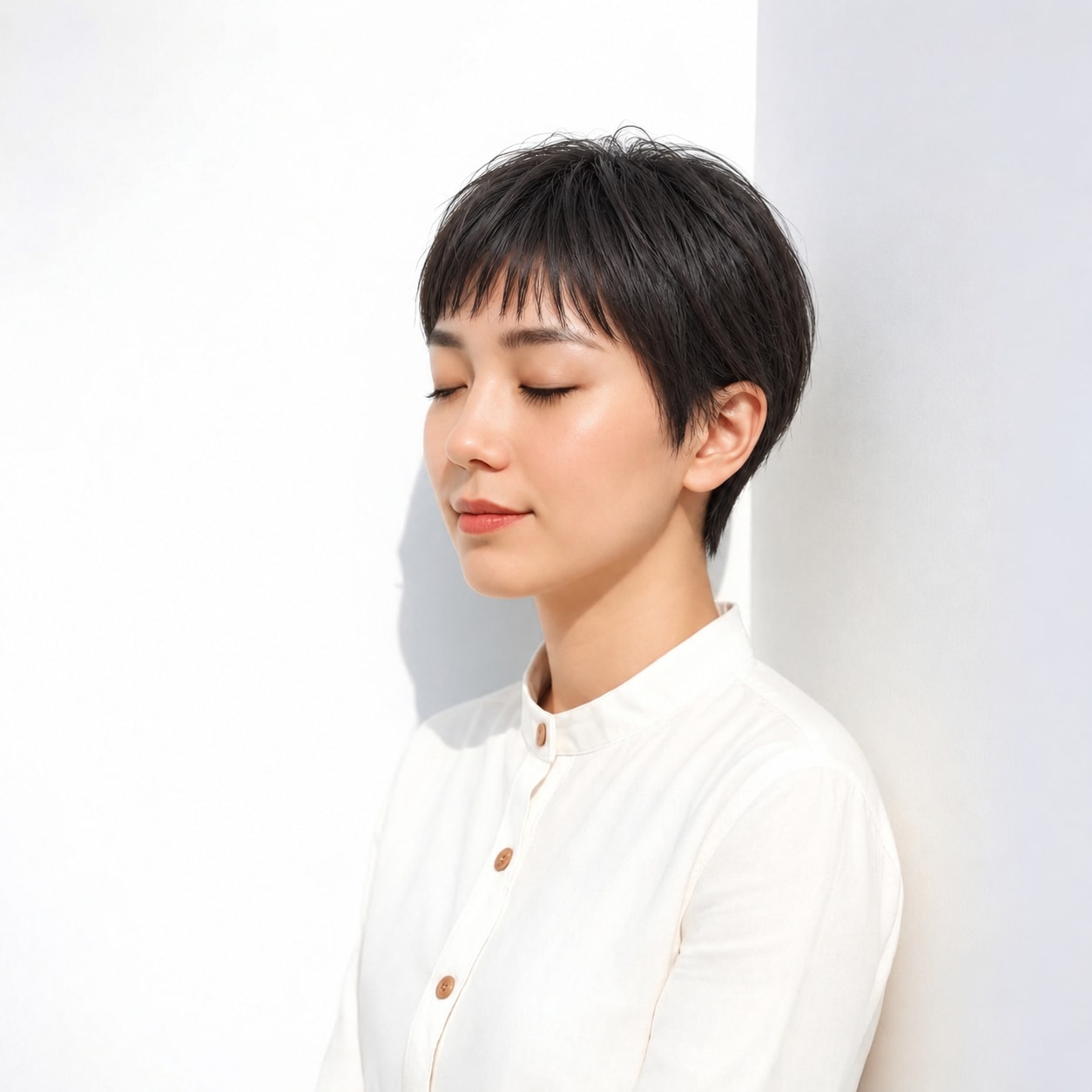 7. 黒髪ショート × オン眉バング：目元が見える短い前髪なら軽さを楽しめる