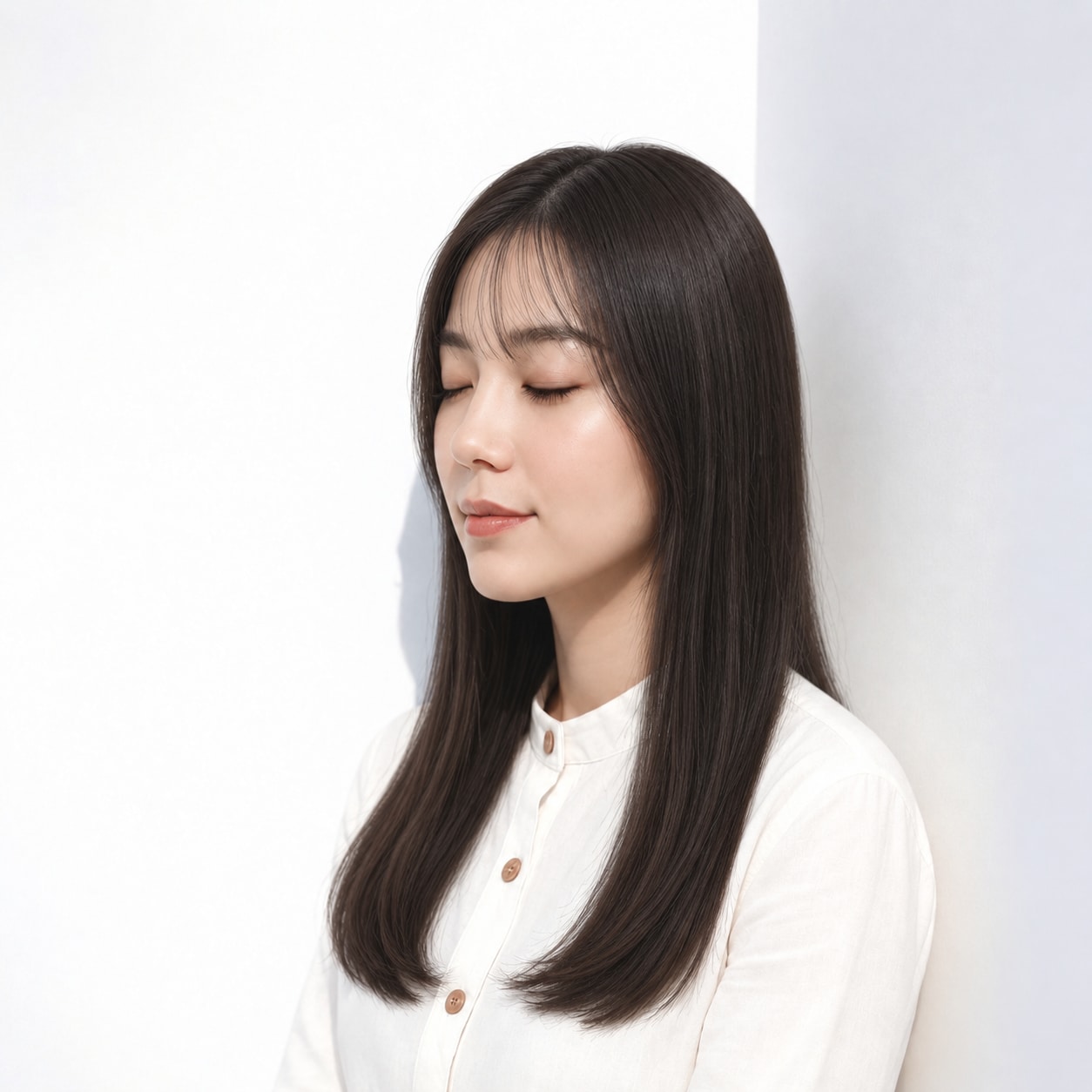 10. 黒髪ストレートロング：透ける前髪で端正さに柔らかさを