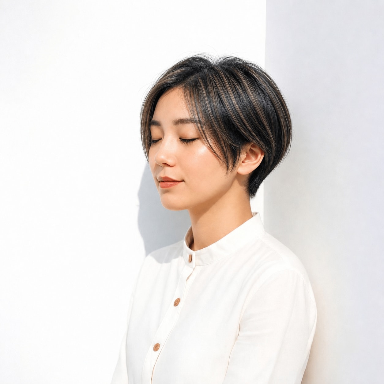 10. 黒髪ハイライト×ショート: 顔まわりの明るさで表情が柔らかくなる