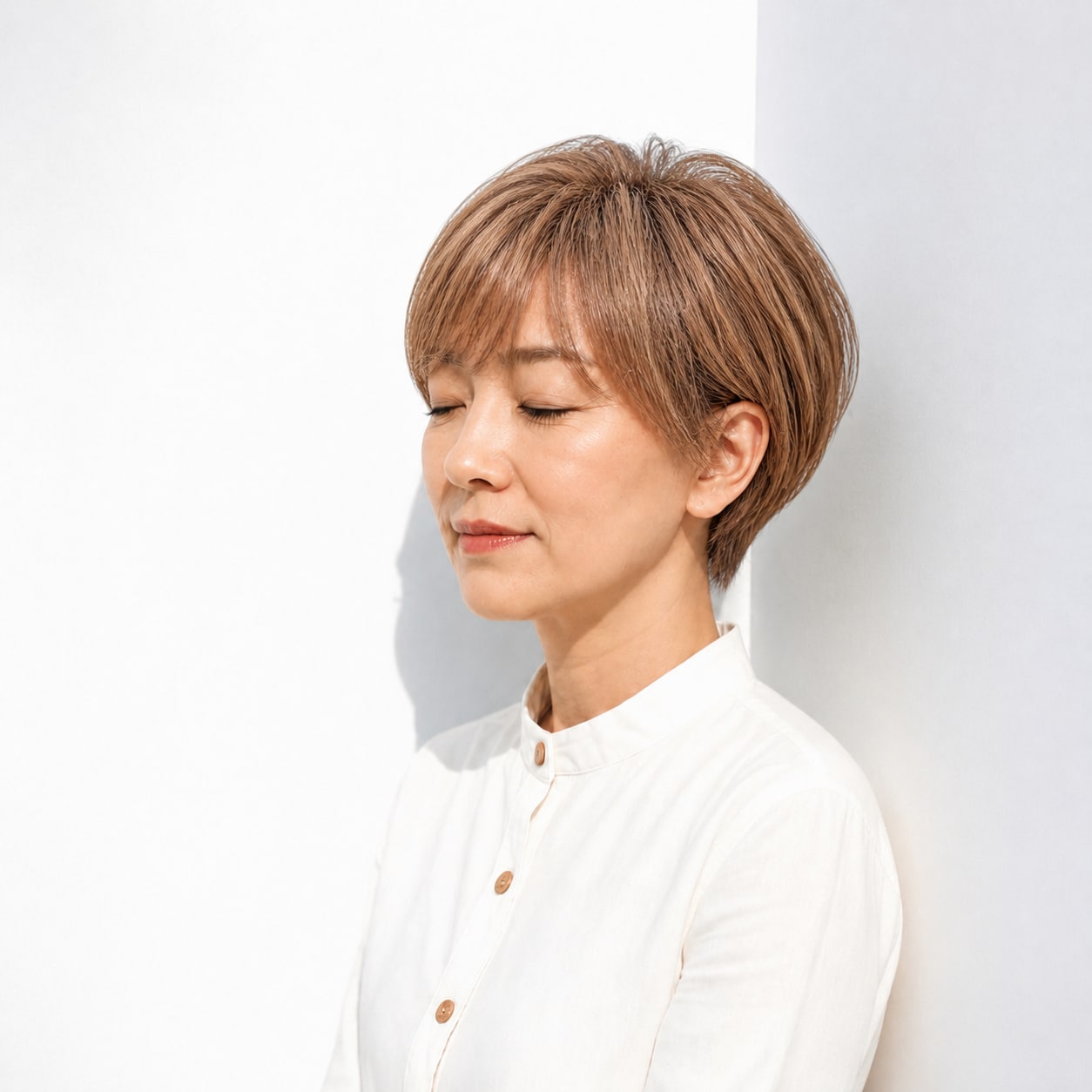 10. 50代ショート × ライトブラウン：やさしい丸みに