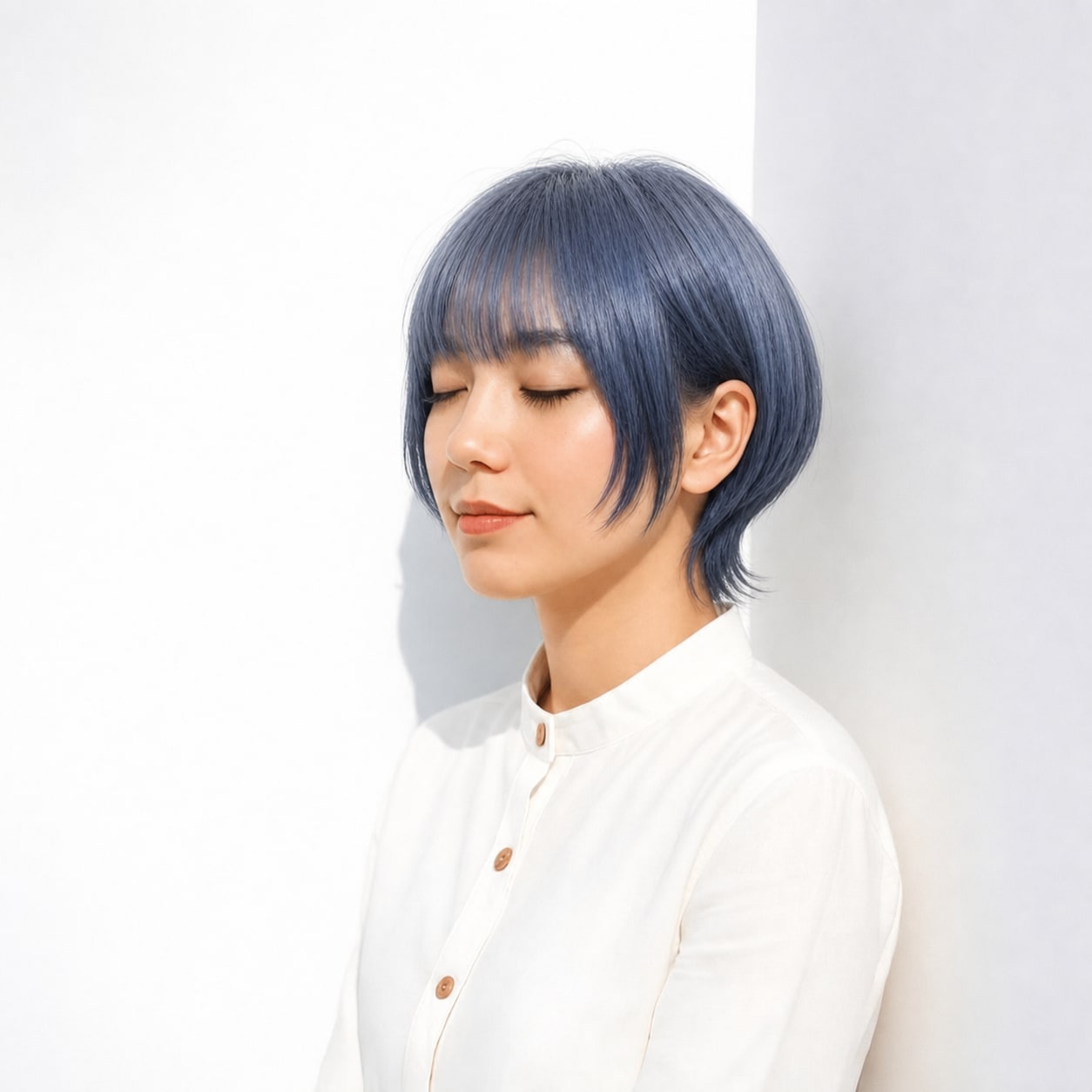 11. くすみブルー×ショート: 青みグレーで厚め前髪の甘さを抑える