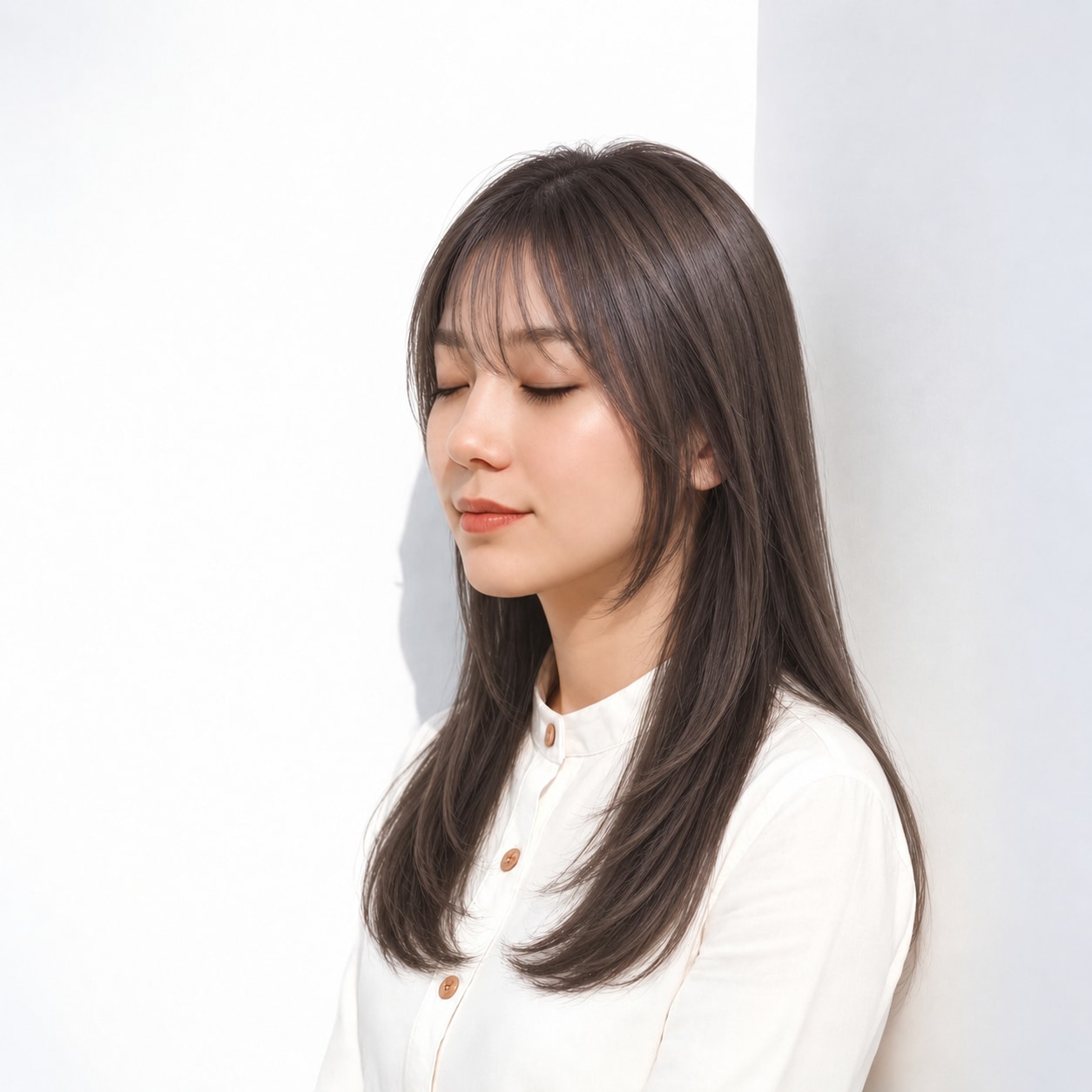 11. さらつやロング × ダークブラウン：細いサイドバングで上品に縁取る