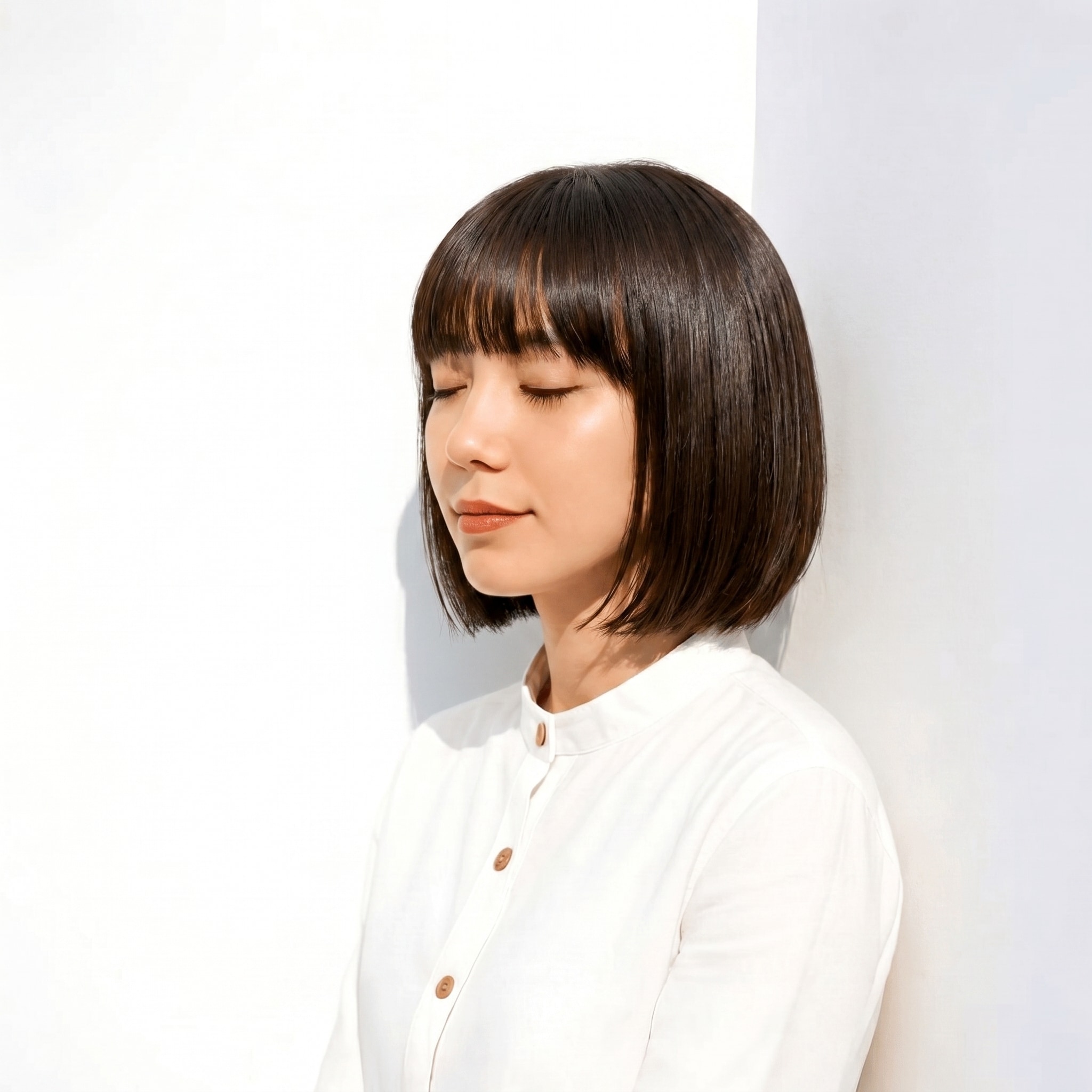 11. アッシュ ベージュ×ワンレンボブ: ダークトーンで直線美を引き立てる上品スタイル