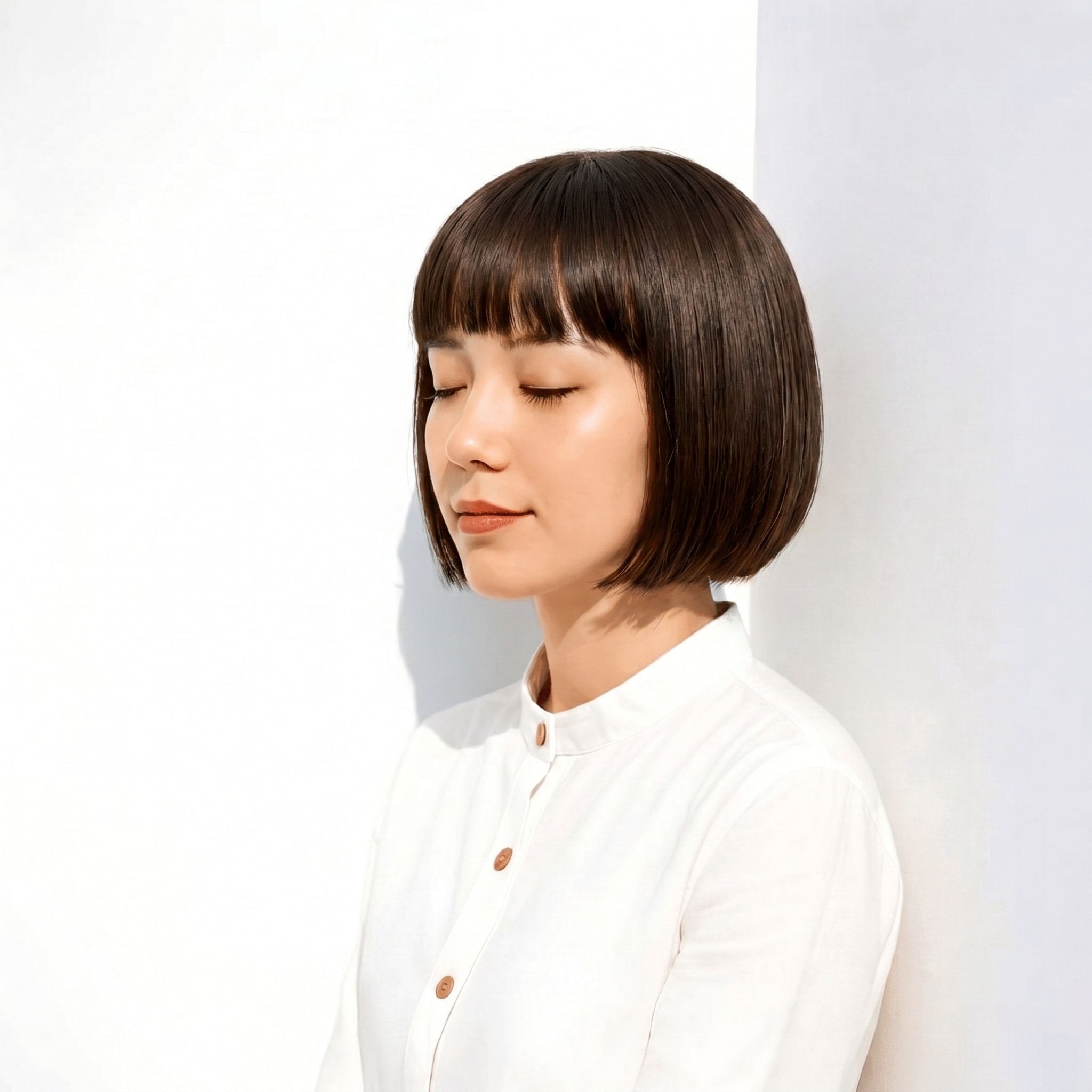 11. アッシュグレージュ×ワンレンボブ: 青みの寒色で赤みを抑えたシックな印象