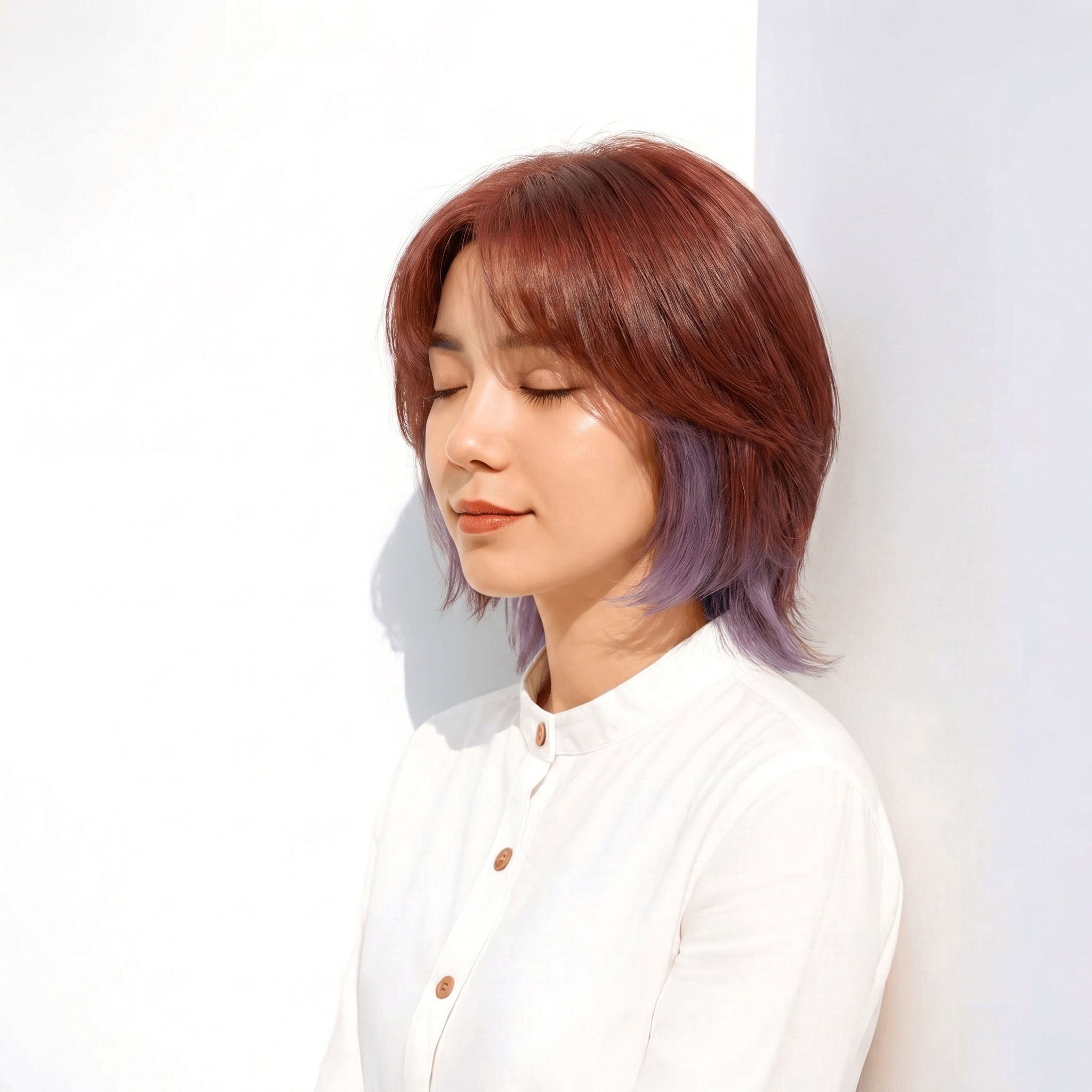 11. アッシュパープル×ショート: 毛先の淡い紫で短めヘアに遊びが出る