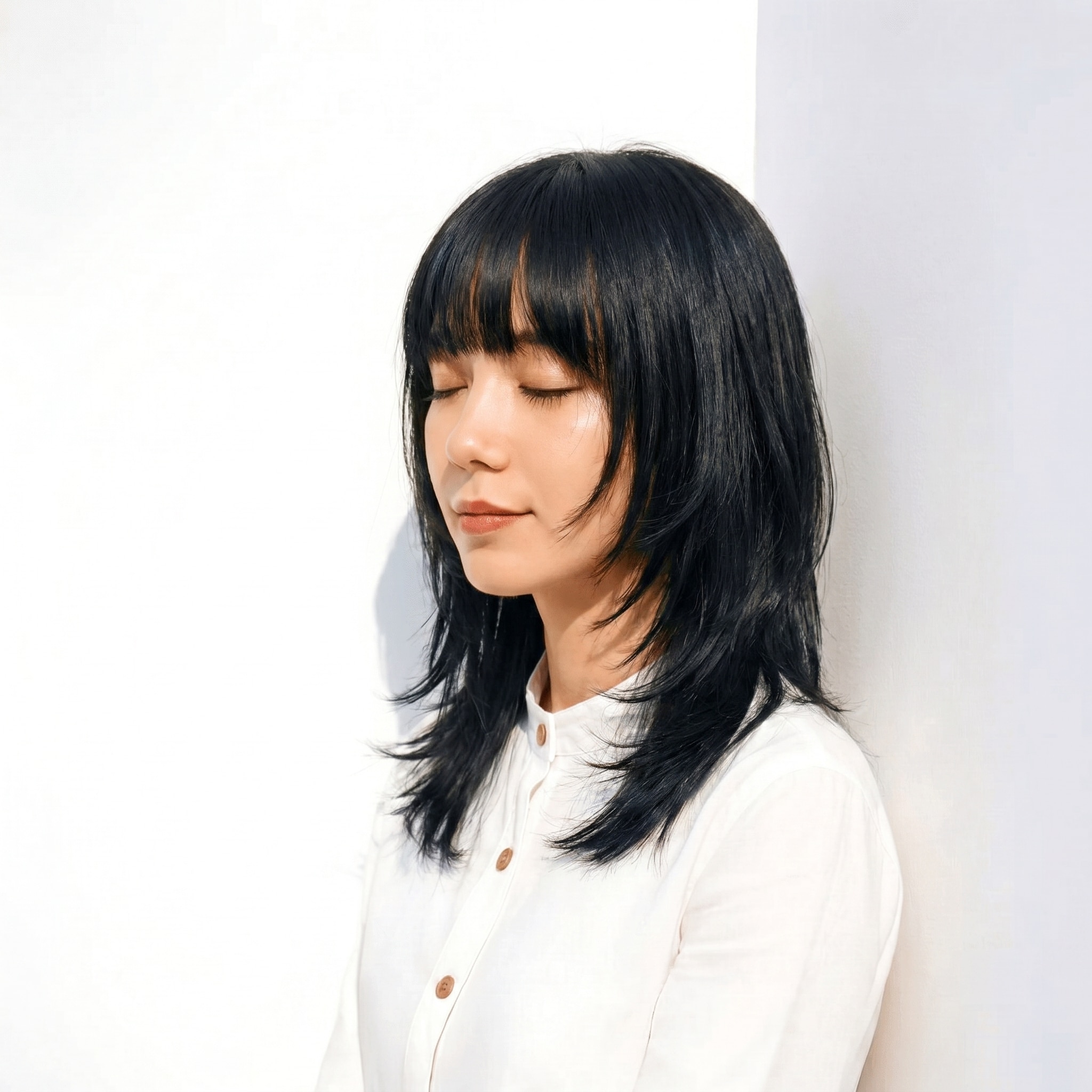 11. アッシュブラック×ミディアムレイヤー: 縦長シルエットで立体感を演出