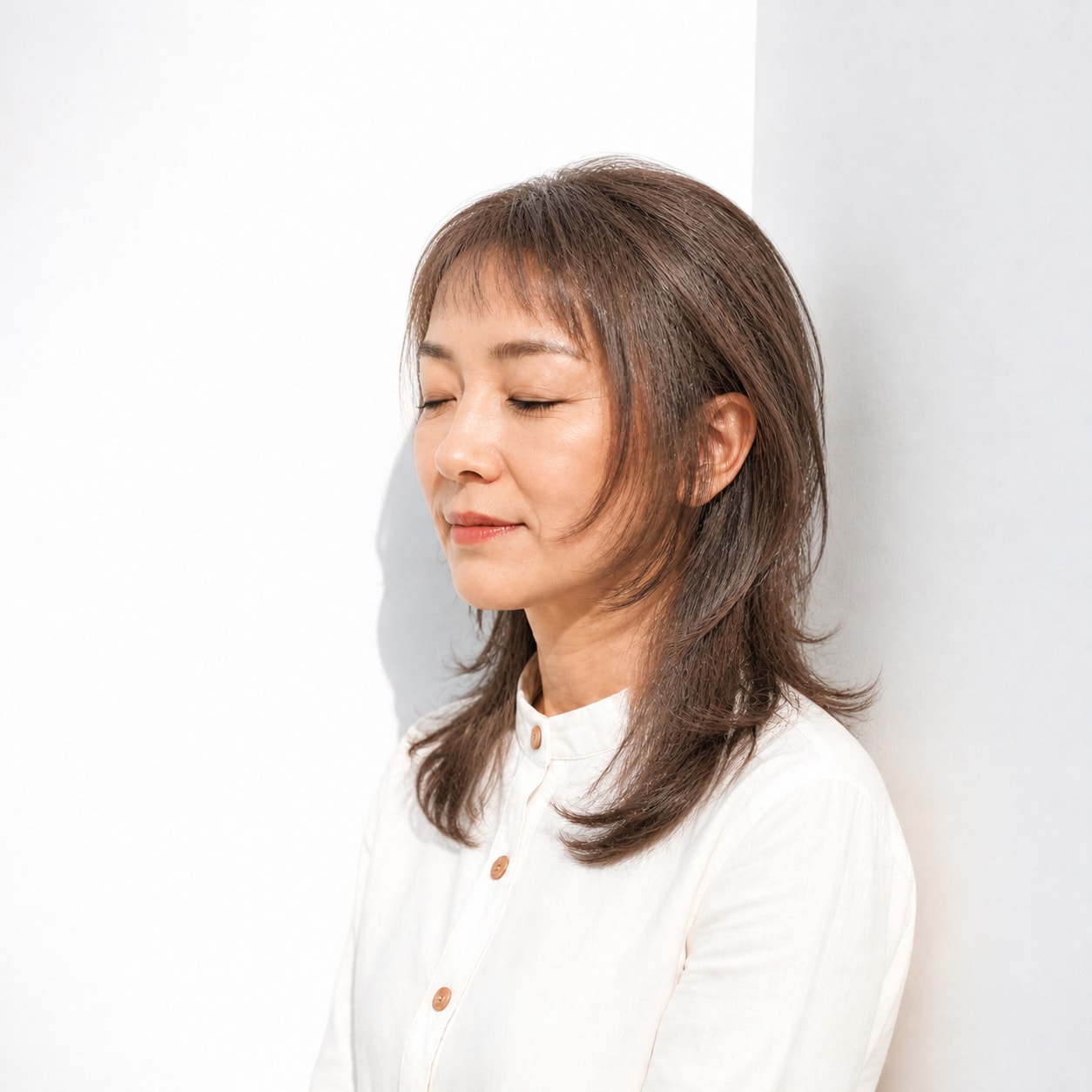 11. ウルフカット × セミロング・ロング × 耳かけ：表情をすっきり見せる