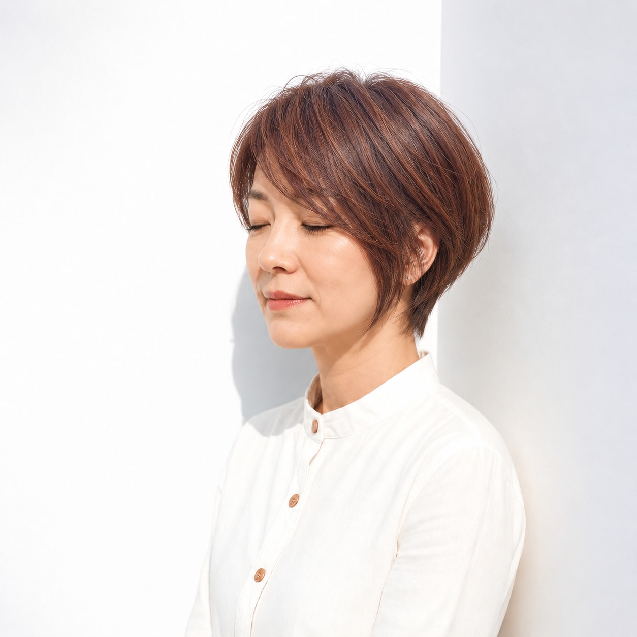 11. カッパーブラウン × 流し前髪のショート：色の温かさで軽快に