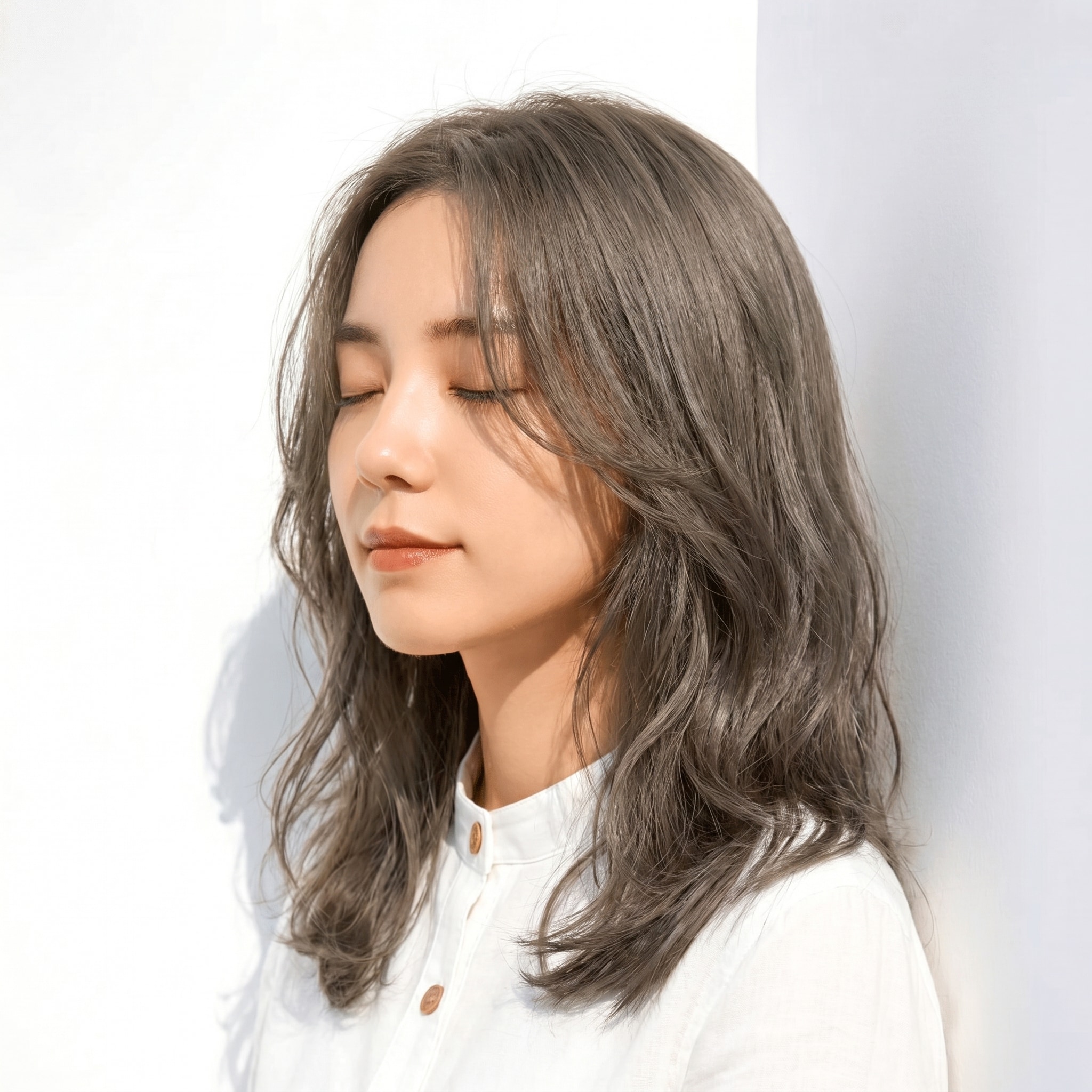 11. カーキアッシュ×ひし形ミディアム: 揺れるSカールに透明感と落ち着きをまとわせる