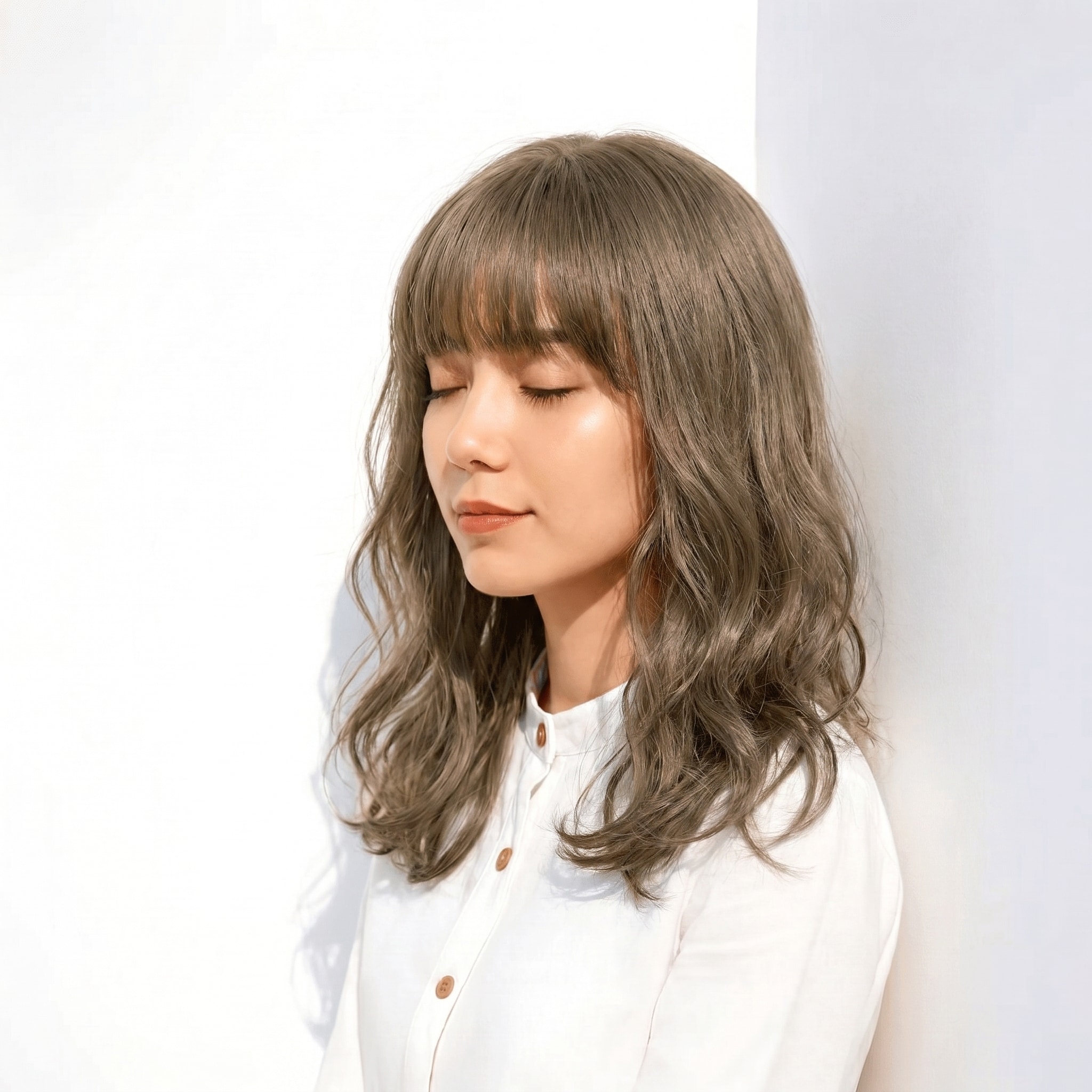11. カーキグレージュ×厚めバング: カジュアルときれいめを品よくつなぐ
