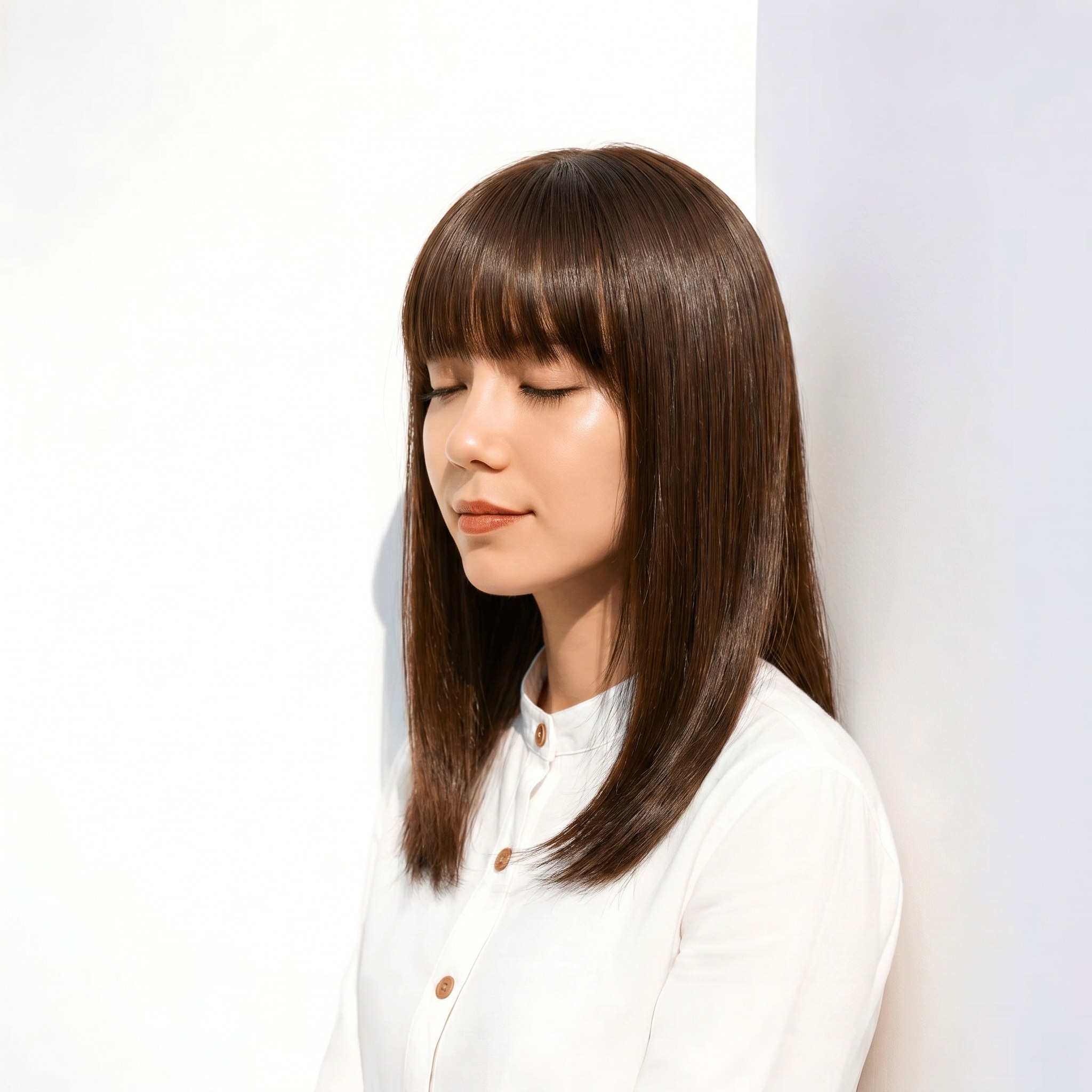 11. カーキブラウン×深めトーン×ゆるい毛流れ: カットの輪郭が際立ち、凛とした大人感を演出する