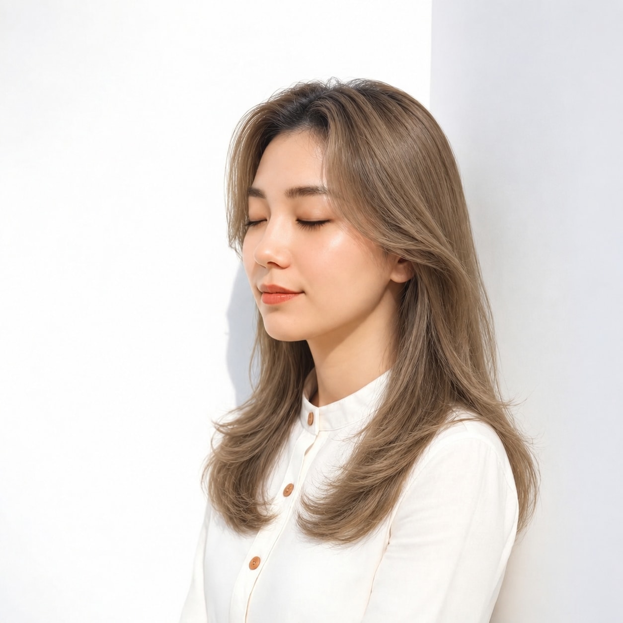 7. カーテンバング × ベージュロング：明るい毛流れで軽やかさを楽しむ