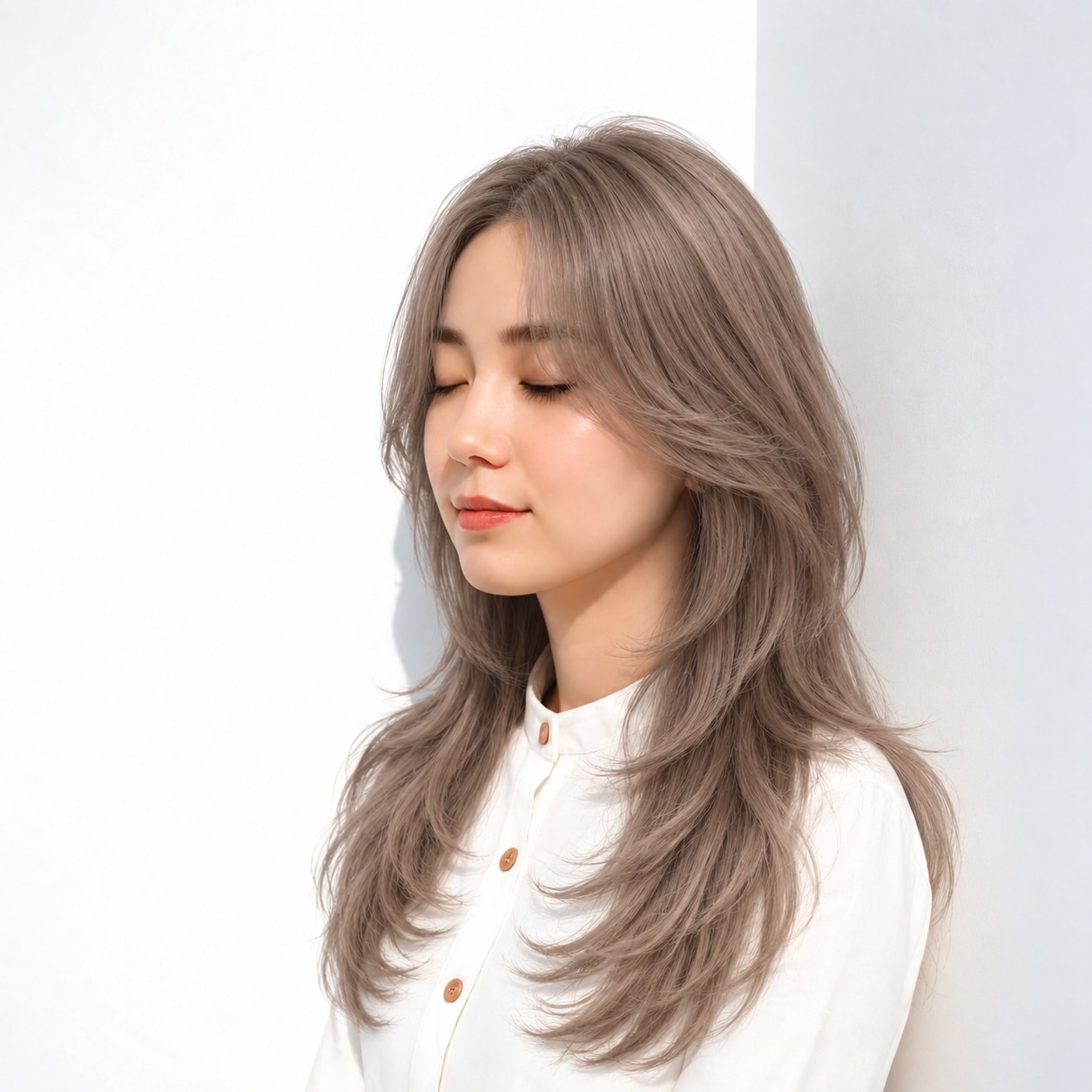 11. カーテンバングロング × ベージュ：上部の軽さで華やかに