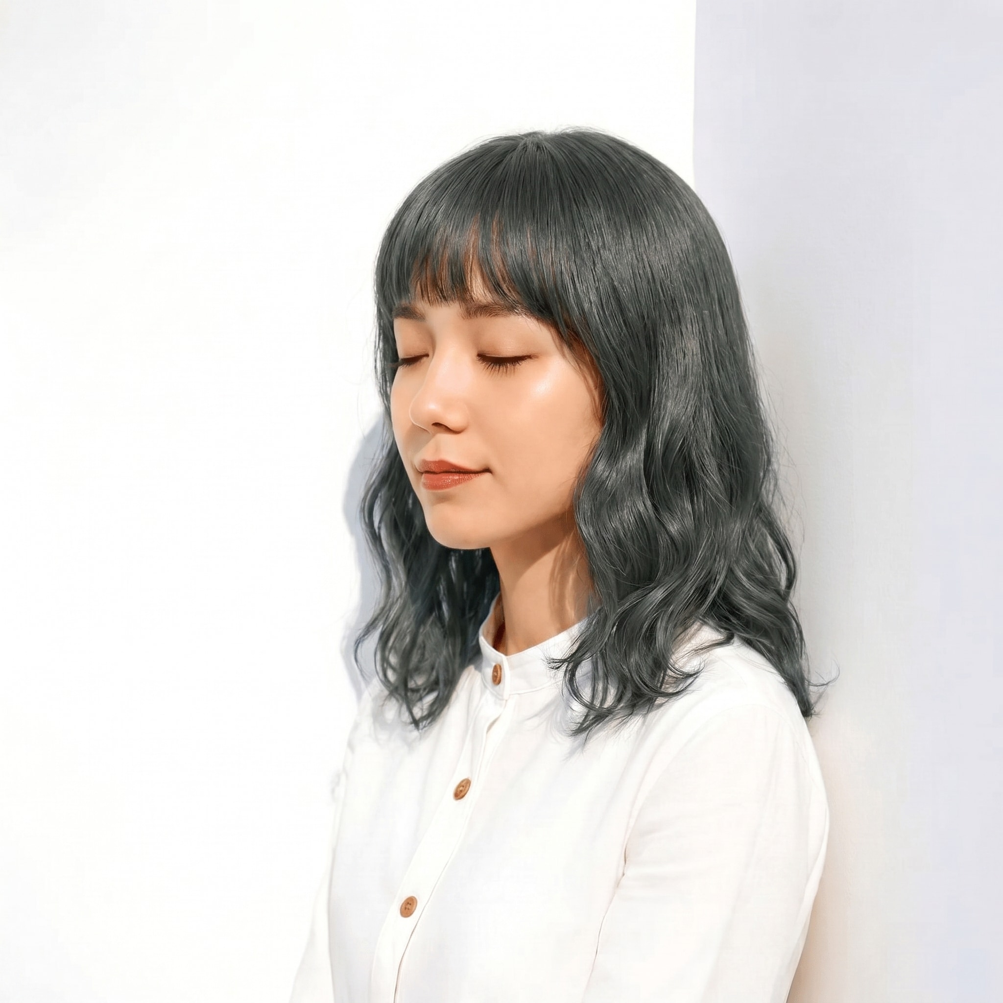 11. グリーンアッシュ×ミディアムヘア: 深みのある色でクールな立体感を演出