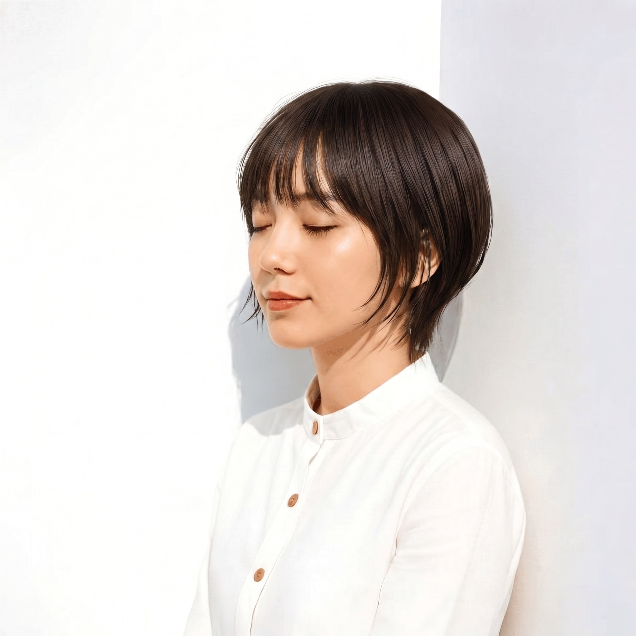 11. グレーブラウン×暗髪: くすみブラウンで品のある立体感を演出