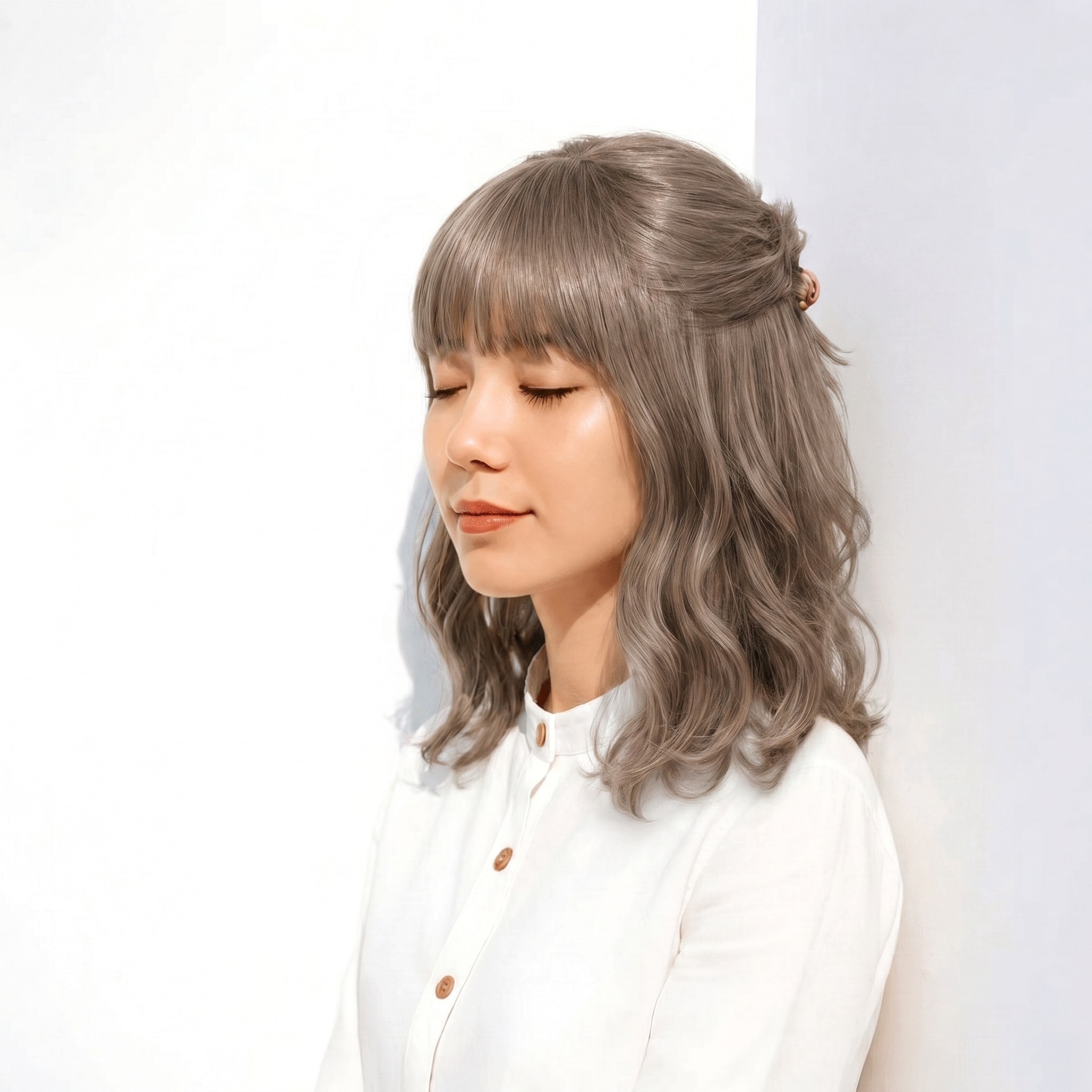 11. グレーベージュ×ロブヘア: ゆるいSウェーブで軽やかさを演出