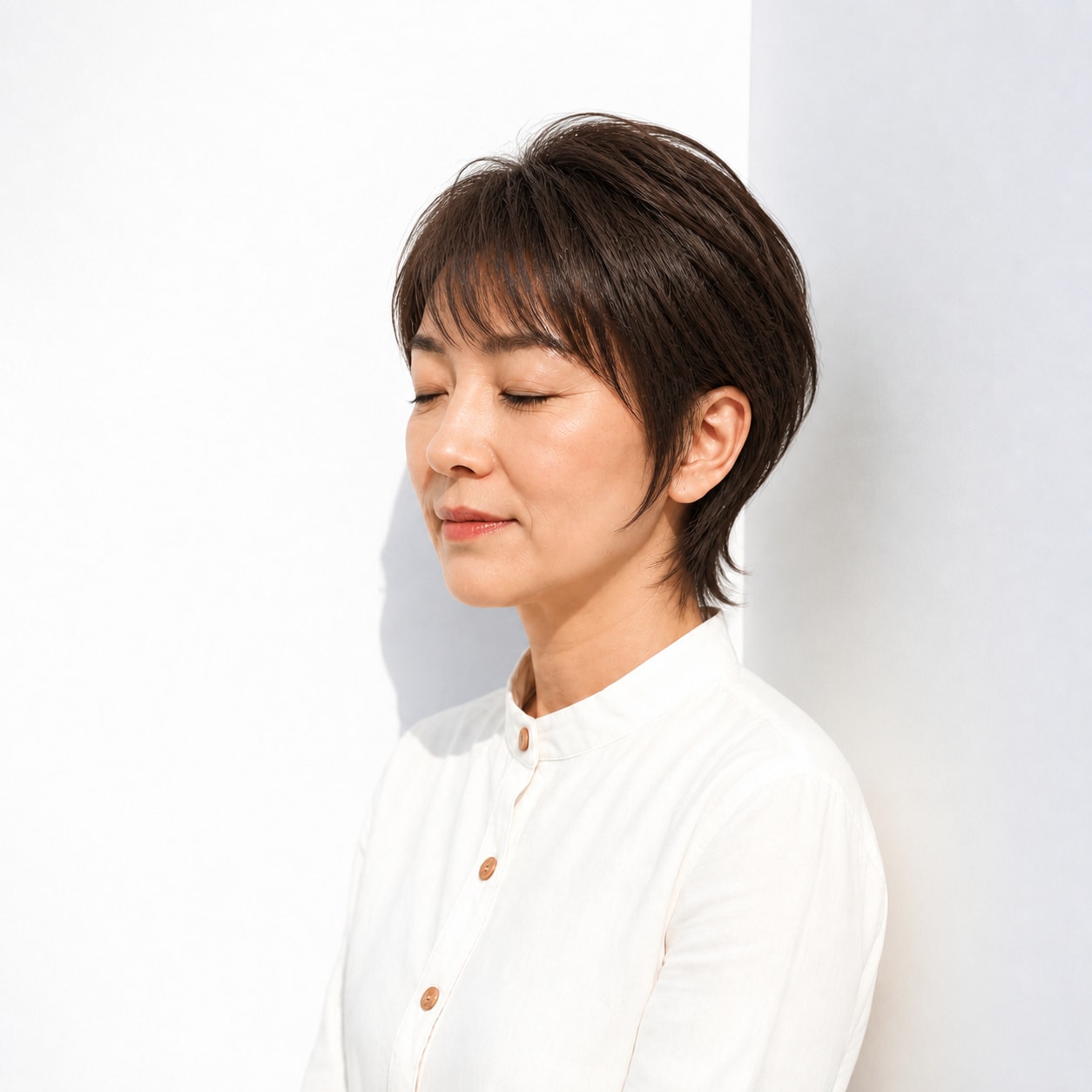 11. ショートウルフ × 薄め前髪：50代に軽い表情を