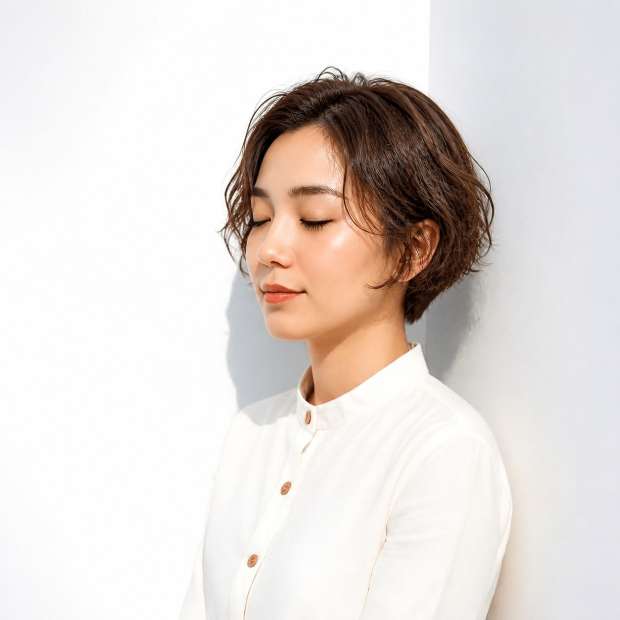 11. ショートパーマ × ブラウン：長めの前髪とゆるい動きで落ち着いて見える