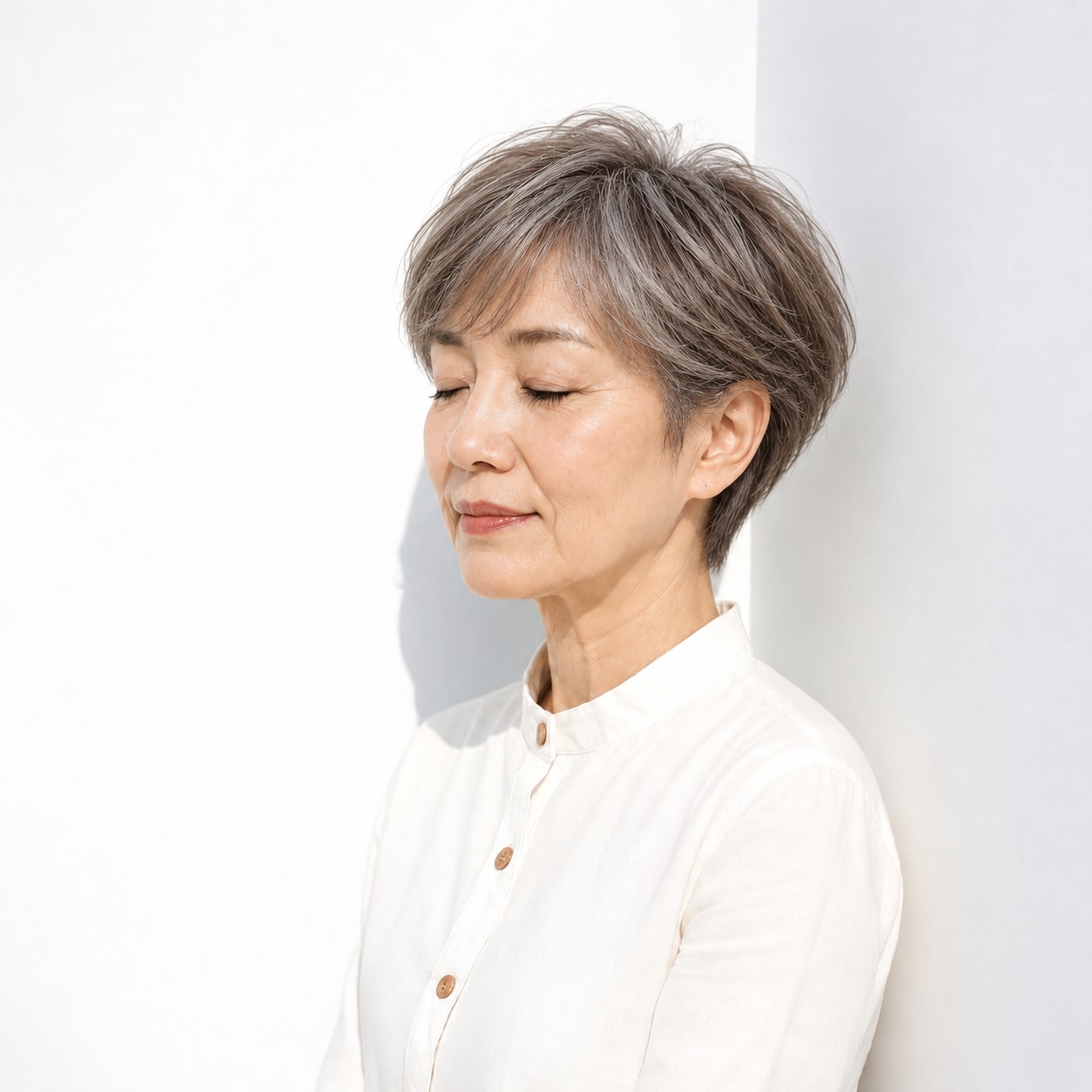 6. 丸みショート × グレーブラウン：やわらかく落ち着いた印象に