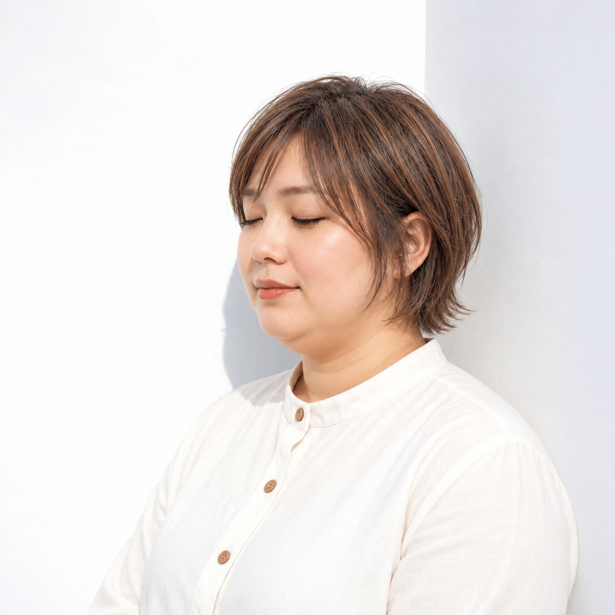 前髪を下ろし襟足を少し長めに残したショートヘア