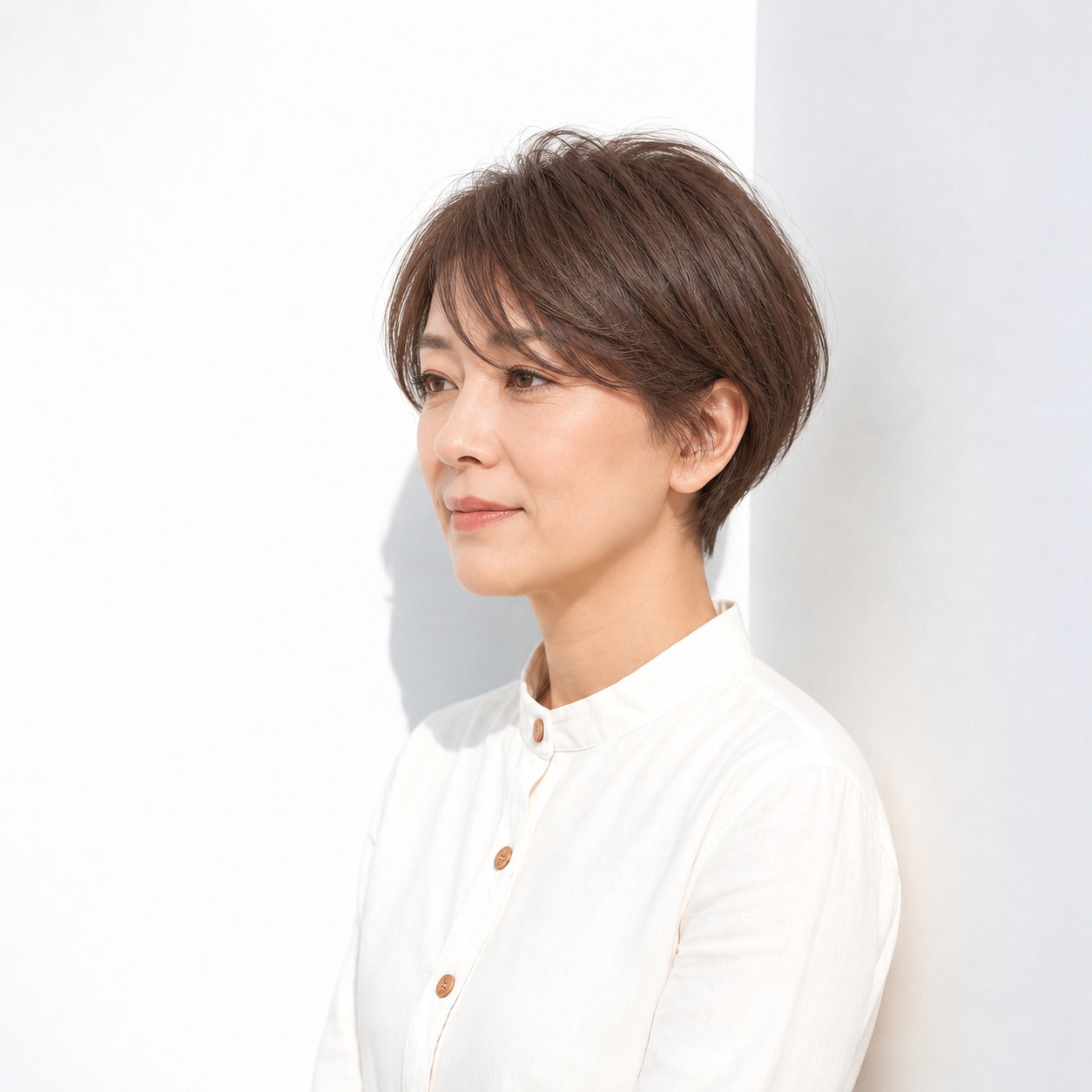 4. 丸みショート × 薄め流し前髪：軽やかで上品な雰囲気に
