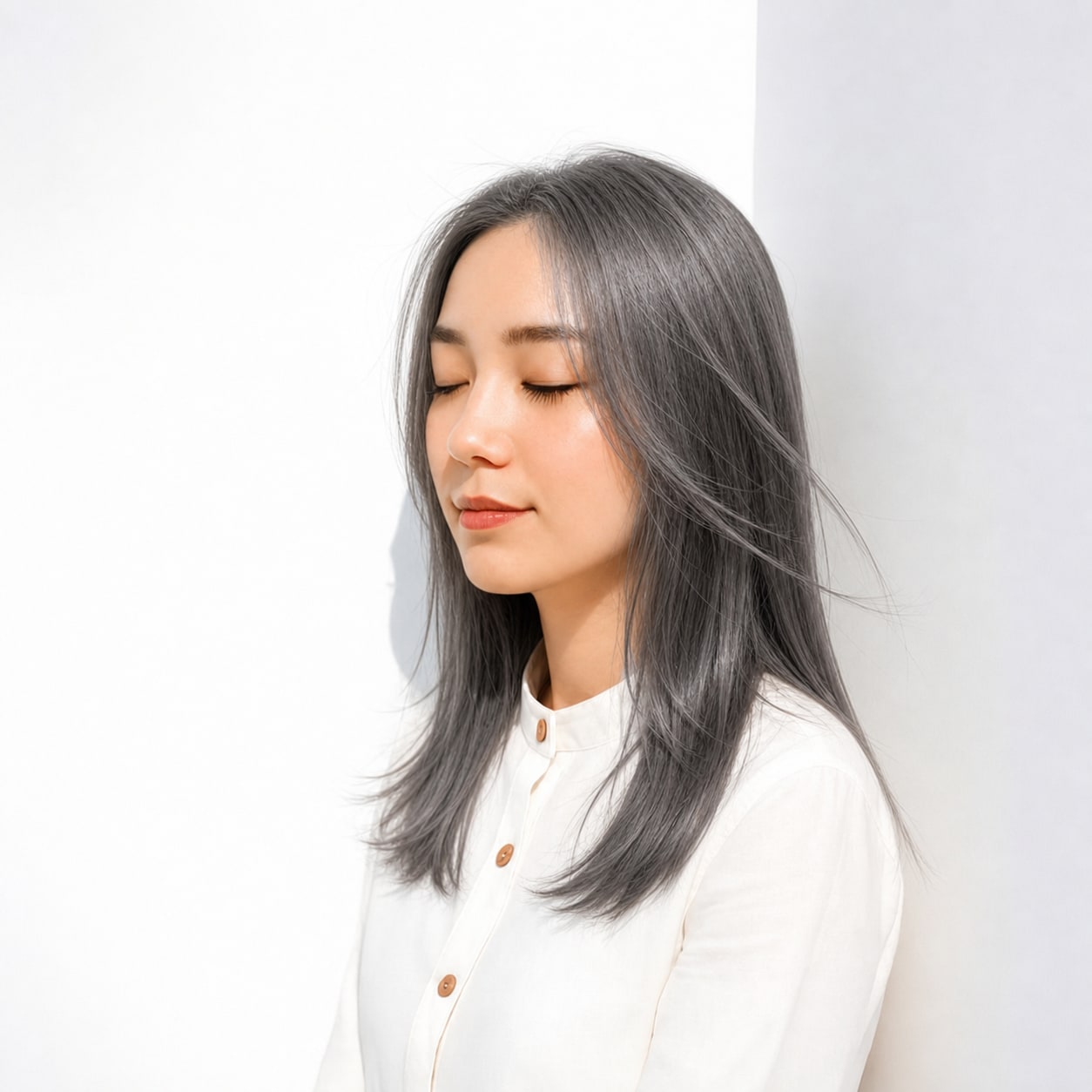 11. シルバーアッシュ×ストレートロング: シルバーのくすみで明るくても派手になりすぎない