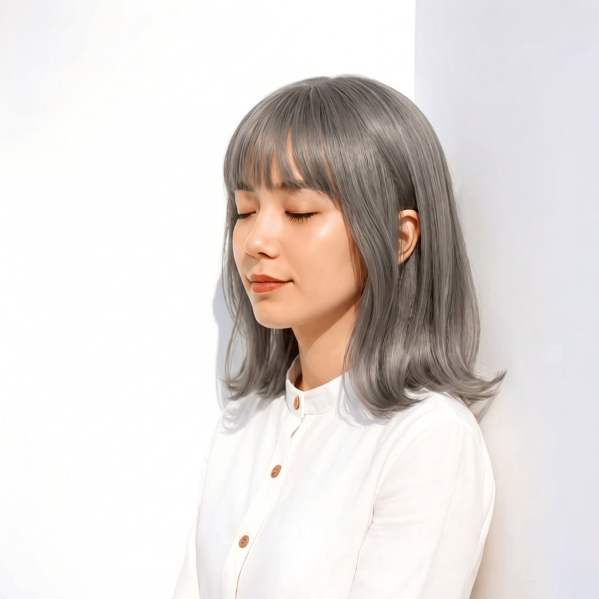 11. シルバーグレージュ×外ハネミディアム: 黄みを抑えた寒色で厚め前髪が重くなりにくい