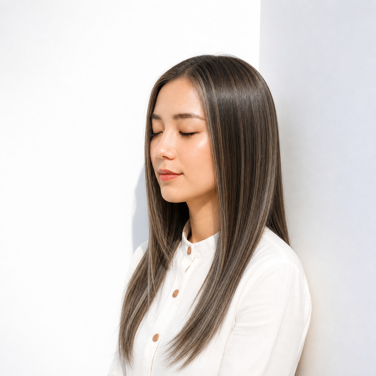 11. シルバーメッシュ×ストレートロング: 表面のラインでレイヤーの段差が引き立つ