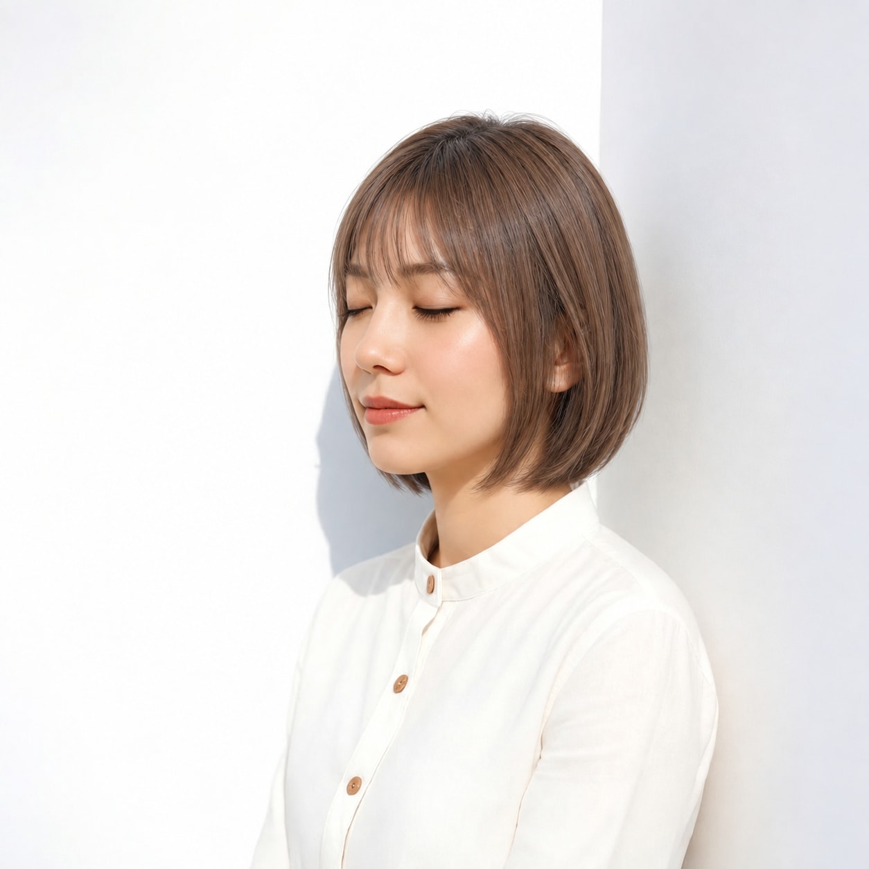 11. ストレートボブ × 前髪あり × 前下がりボブ：横顔に斜めのラインが入り、すっきりした印象になります