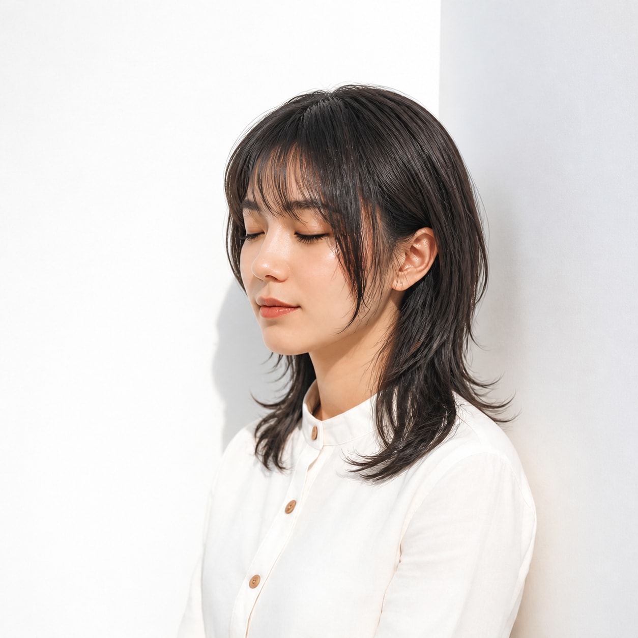 11. セミロングウルフ × 黒髪レイヤー：ツヤ感を楽しめる