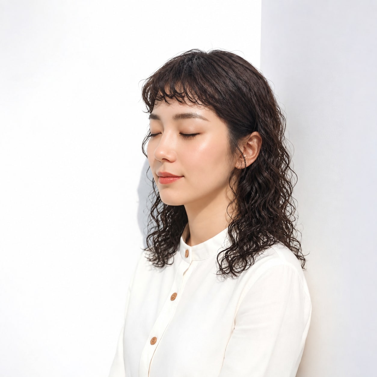 11. セミロングパーマ × 強め × 毛先パーマ：首元に空間ができ、短いレングスでも軽快に見えます