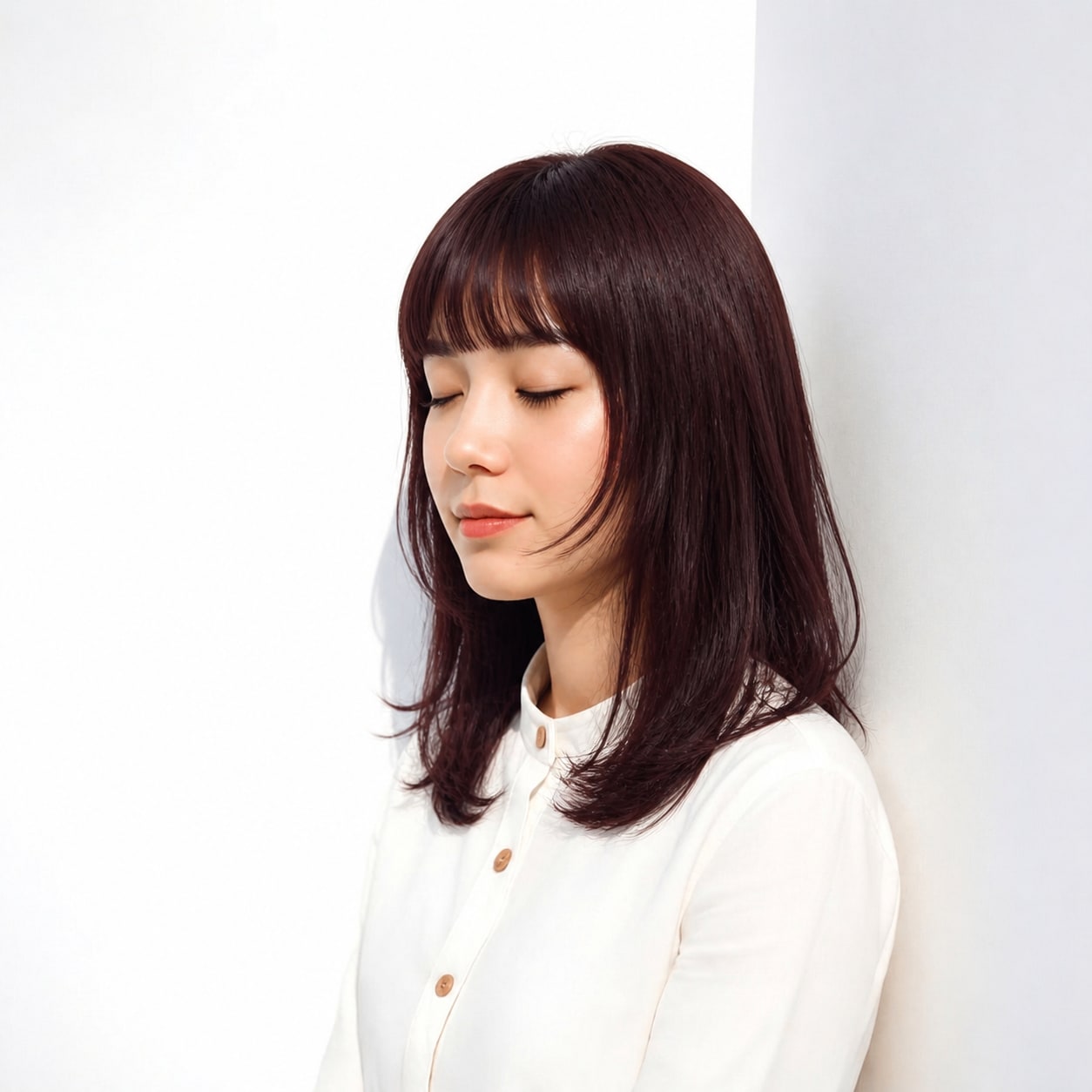 11. ダークレッド × ストレートミディ：自然な赤みで上品に