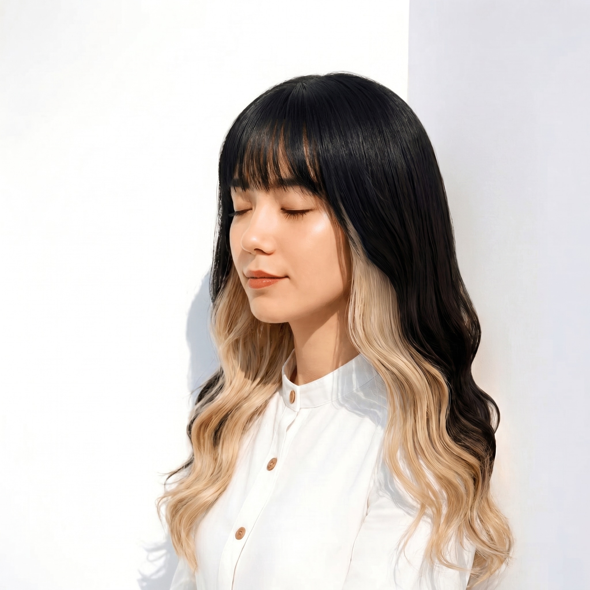 11. ツートーンカラー×インナーカラー: 厚めバングに映えるブルーブラックとベージュの絶妙バランス
