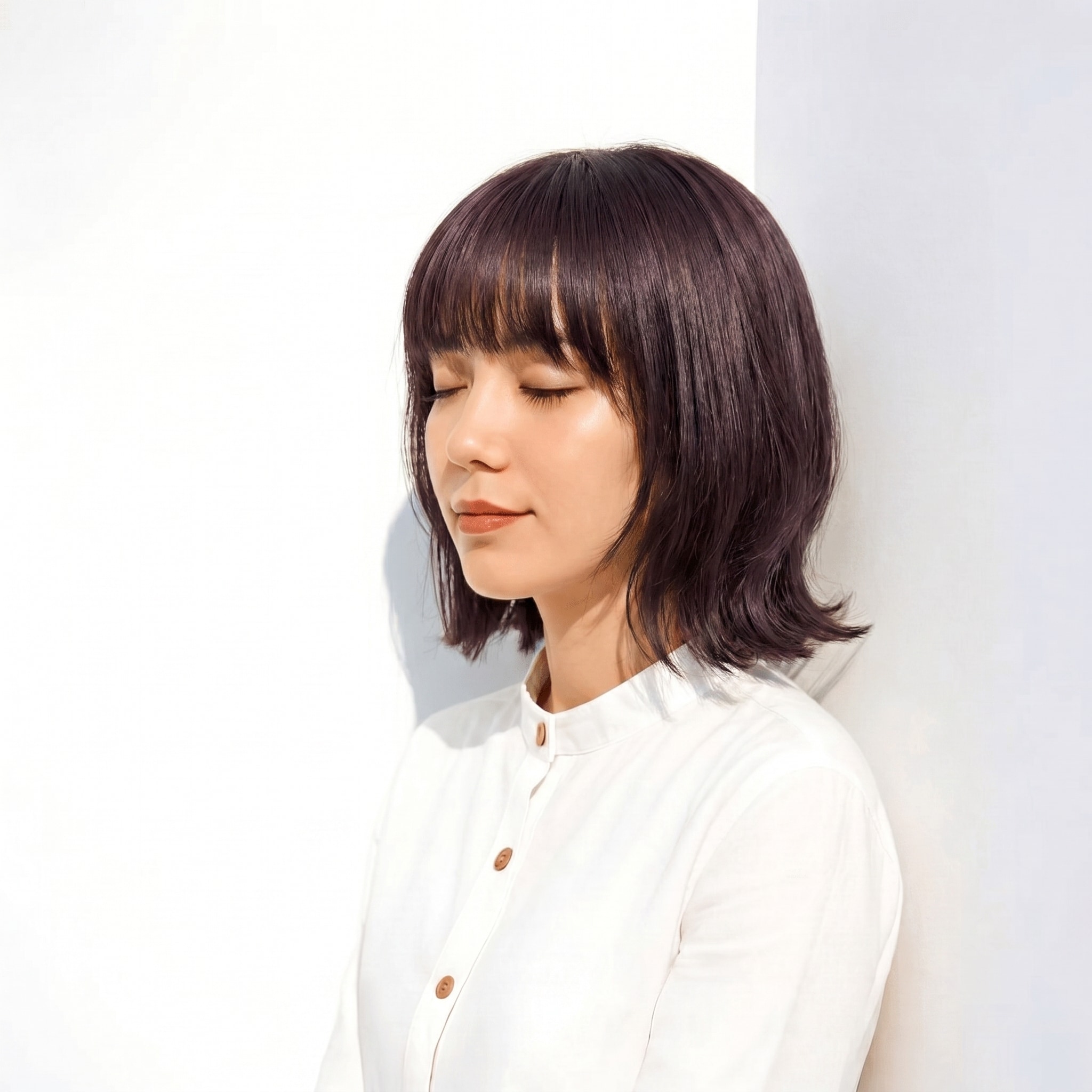 11. パープルグレー×ワンカラー: 深みのある色合いでシルエットを引き締めるショートボブ