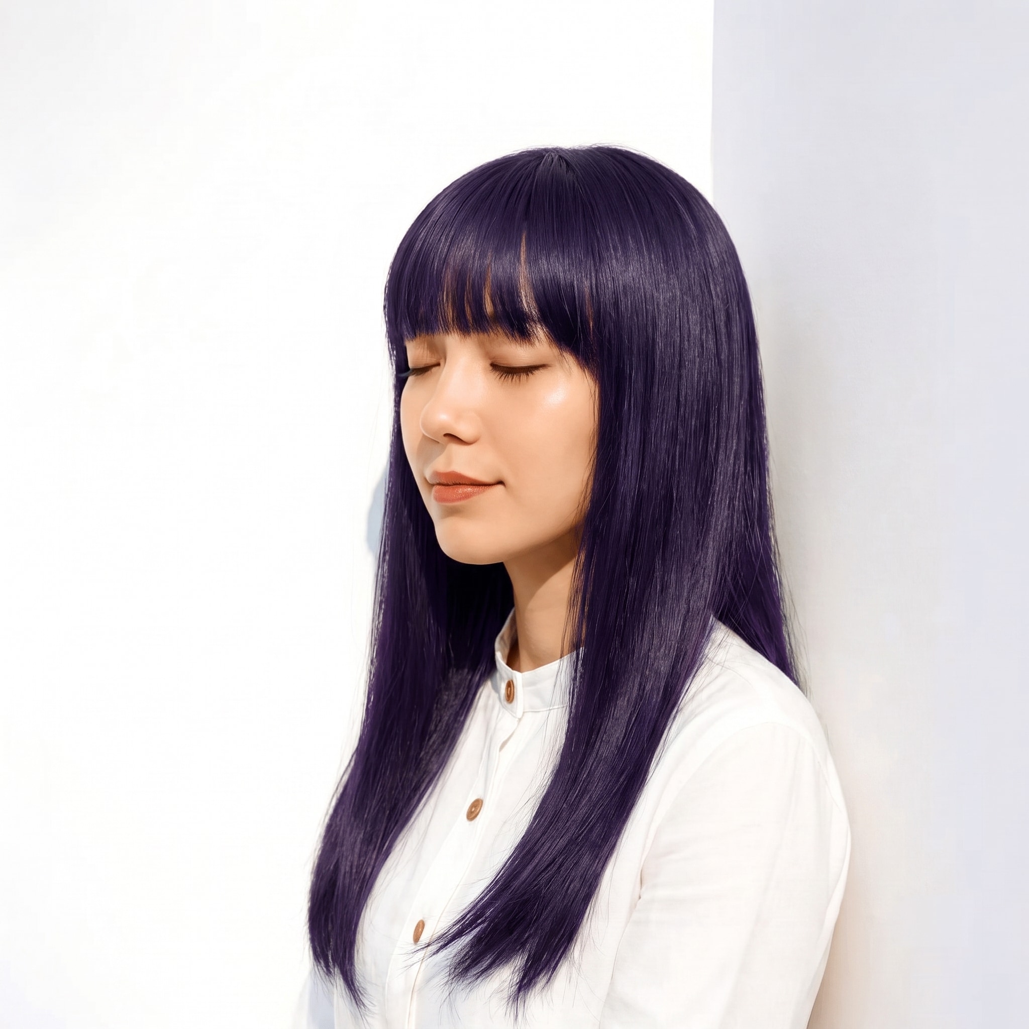 11. パープルブラック×ストレートロング: 青紫のツヤでストレートロングがすっきりまとまる