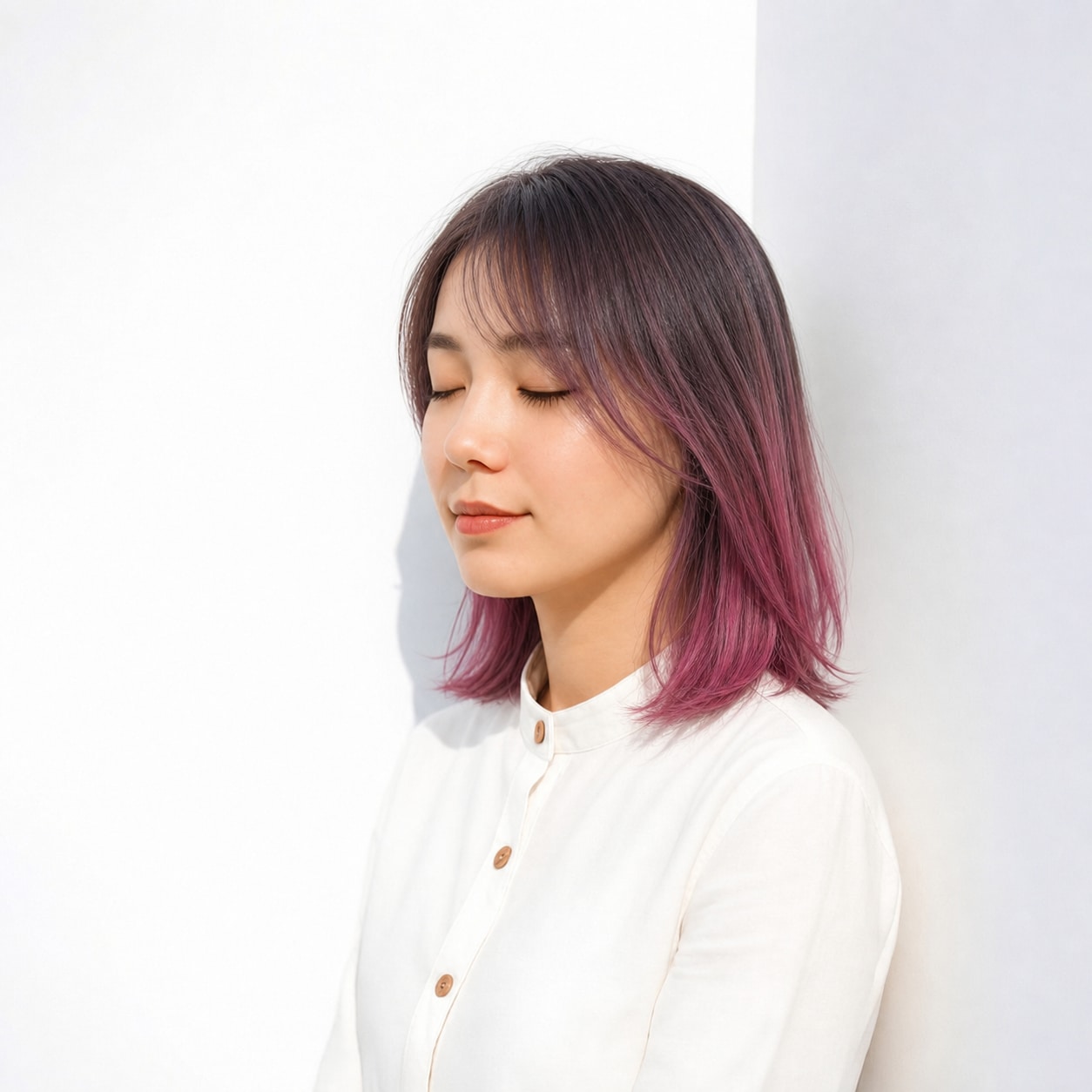 11. ピンクグラデーション×外ハネボブ: くすみピンクで前髪なしボブが大人っぽい印象になる