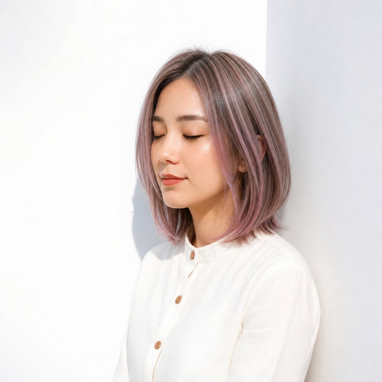 11. ピンクハイライト×ストレートボブ: 淡いラベンダーピンクでボブに透明感が出る