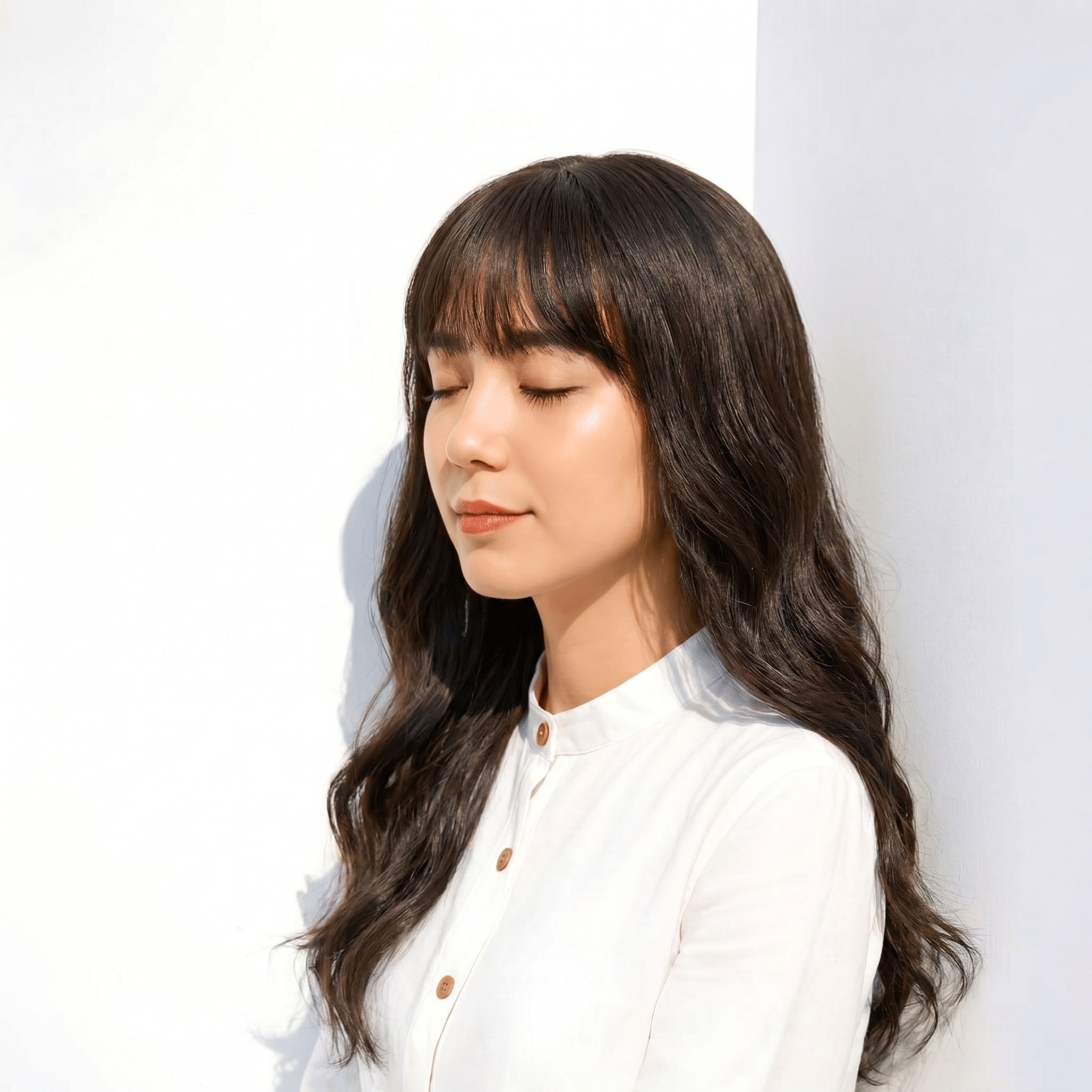 11. ブリーチなしグレーアッシュ×暗髪ロング: 青みが赤みを抑え、ツヤと立体感を演出