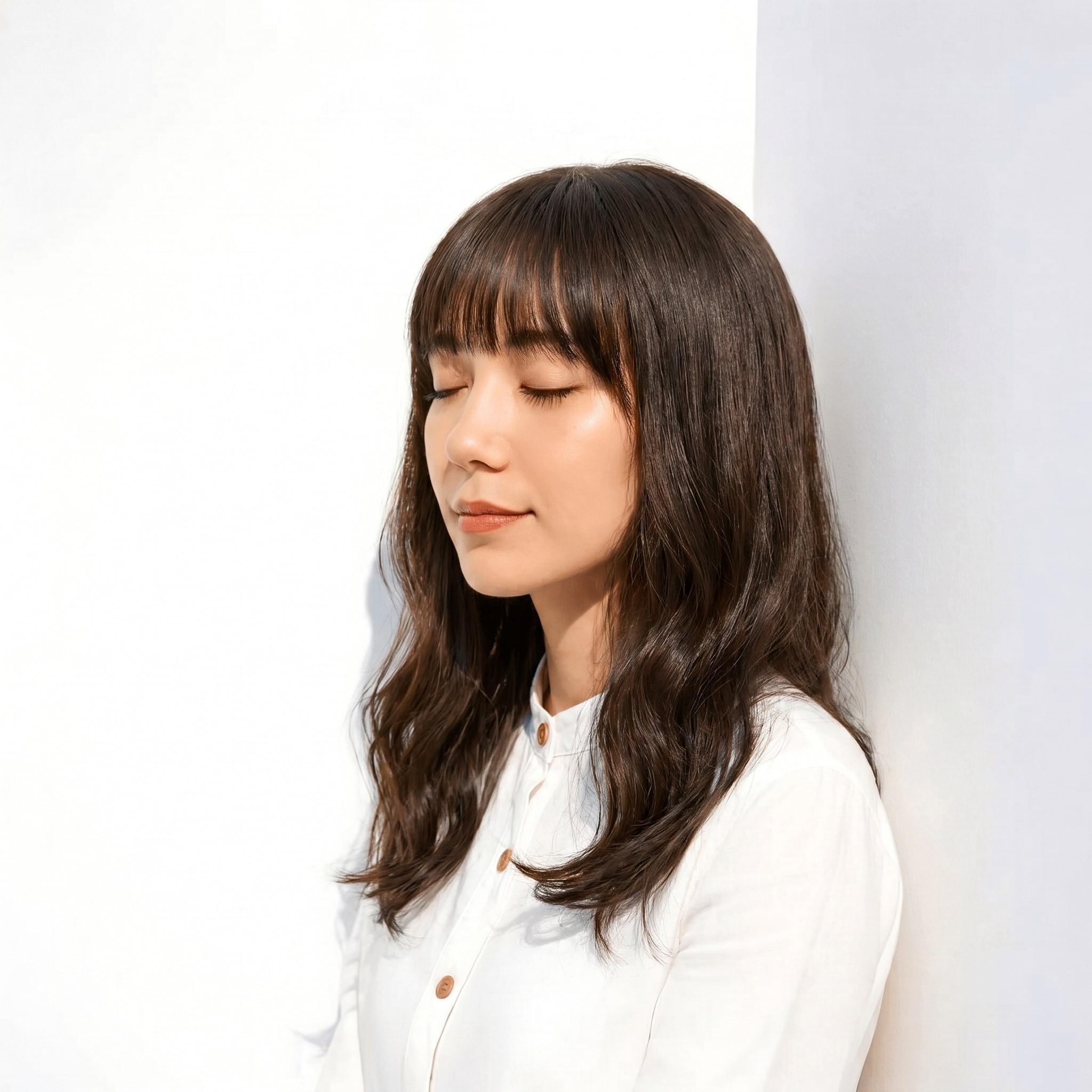 11. ブリーチなしグレージュ×ミディアムロング: 低めレイヤーで大人っぽく見せる