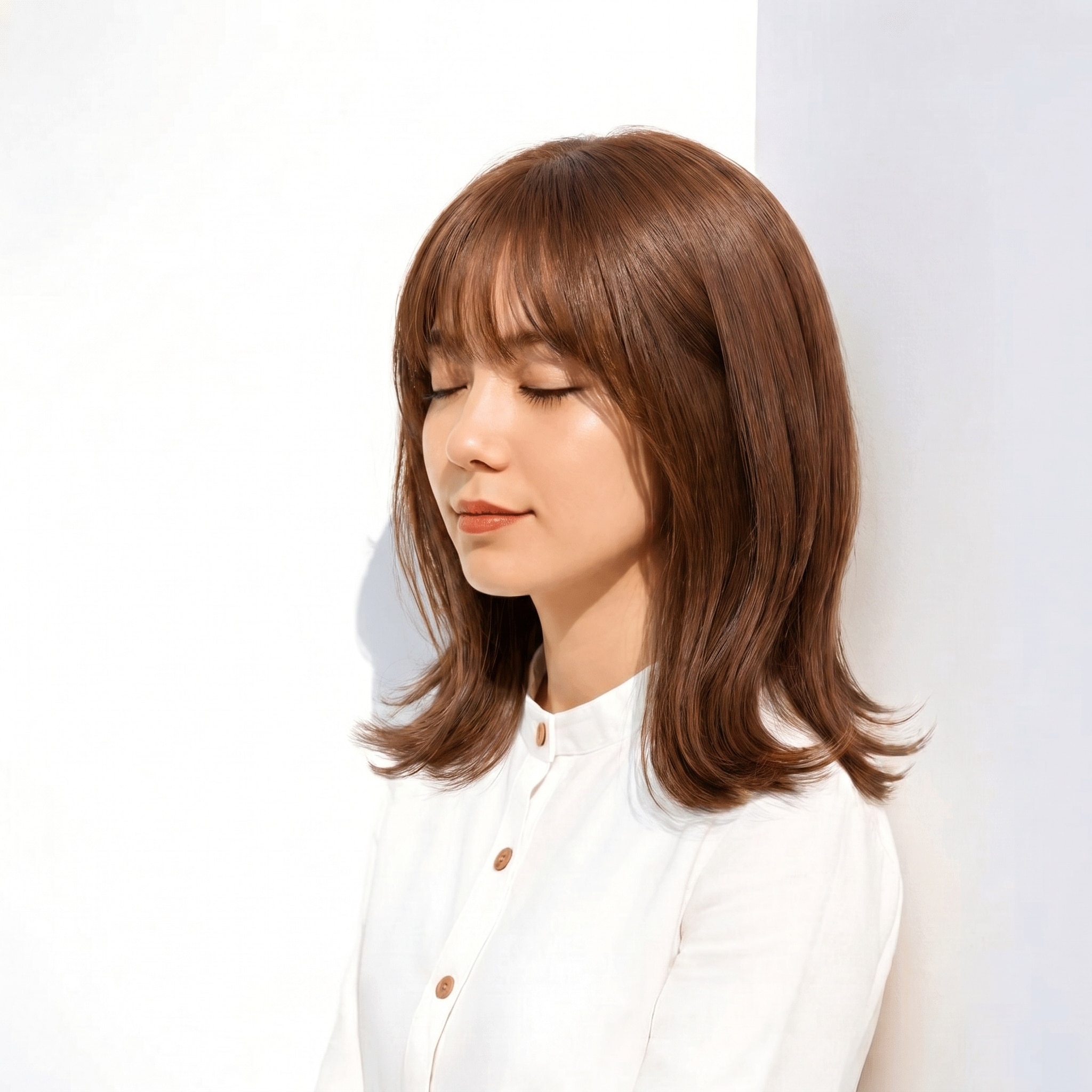 11. ブリーチなしピンク×ピンクブラウン: 肩ラインのミディアムが軽やかに映える