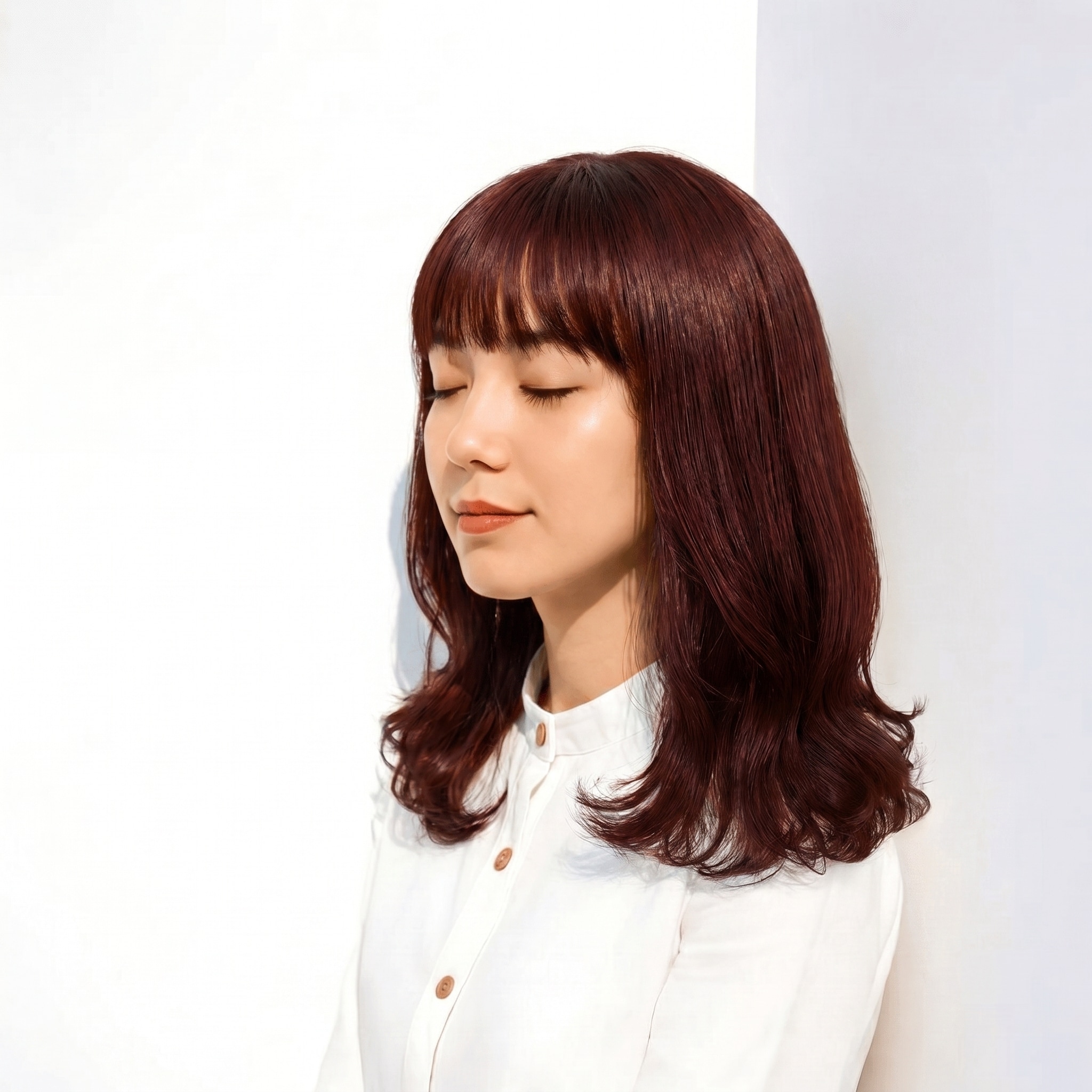 11. ブリーチなしピンクブラウン×ミディアムストレート: 深みのある艶で面の美しさを引き立てる