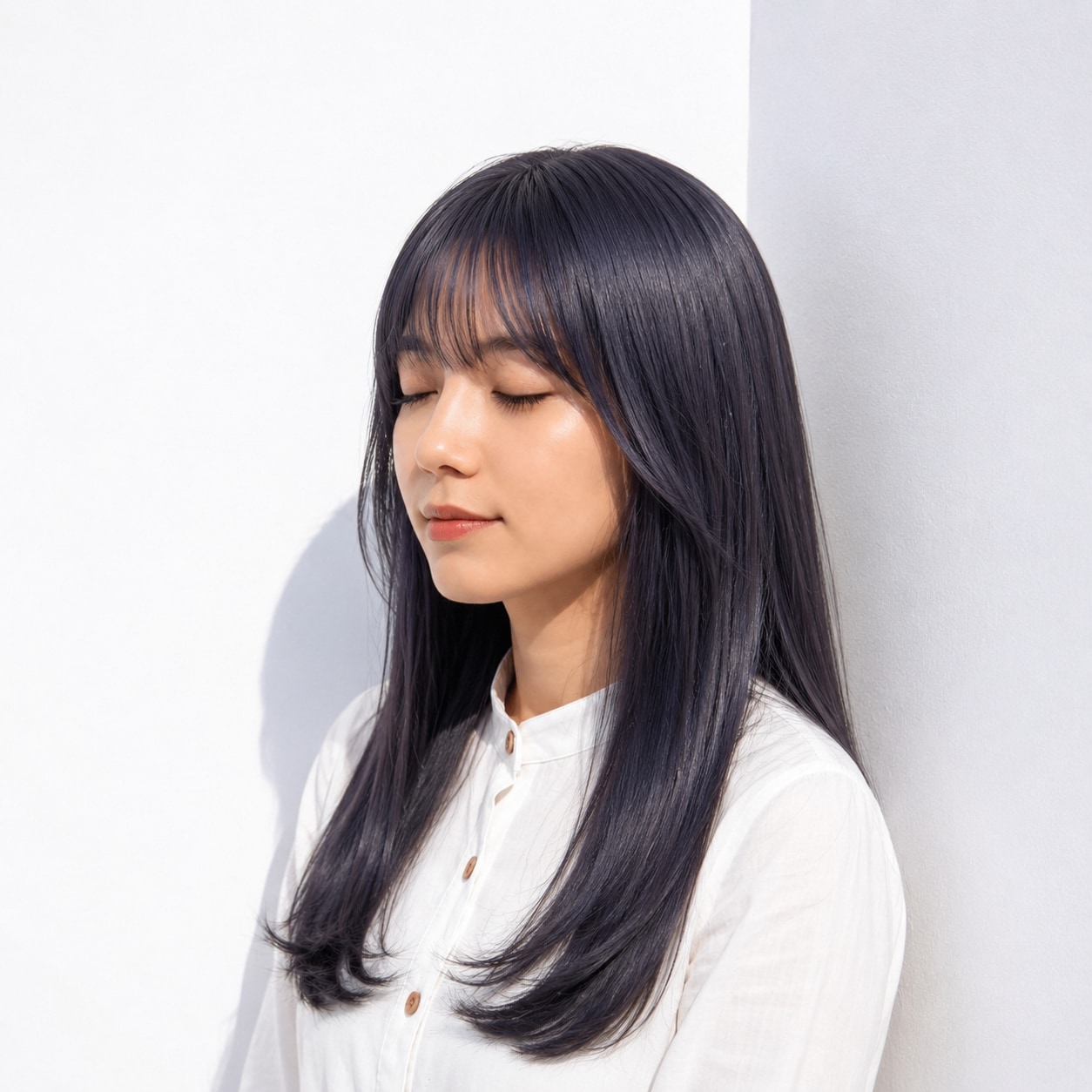 11. ブルーブラウン×ワンカラー: 縦ライン強調で軽やかに見せるロングスタイル