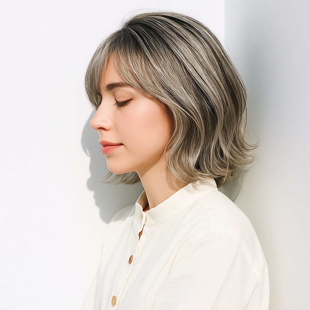 11. プラチナブロンド×バレイヤージュ：デザインカラーが美しい都会的なスタイル