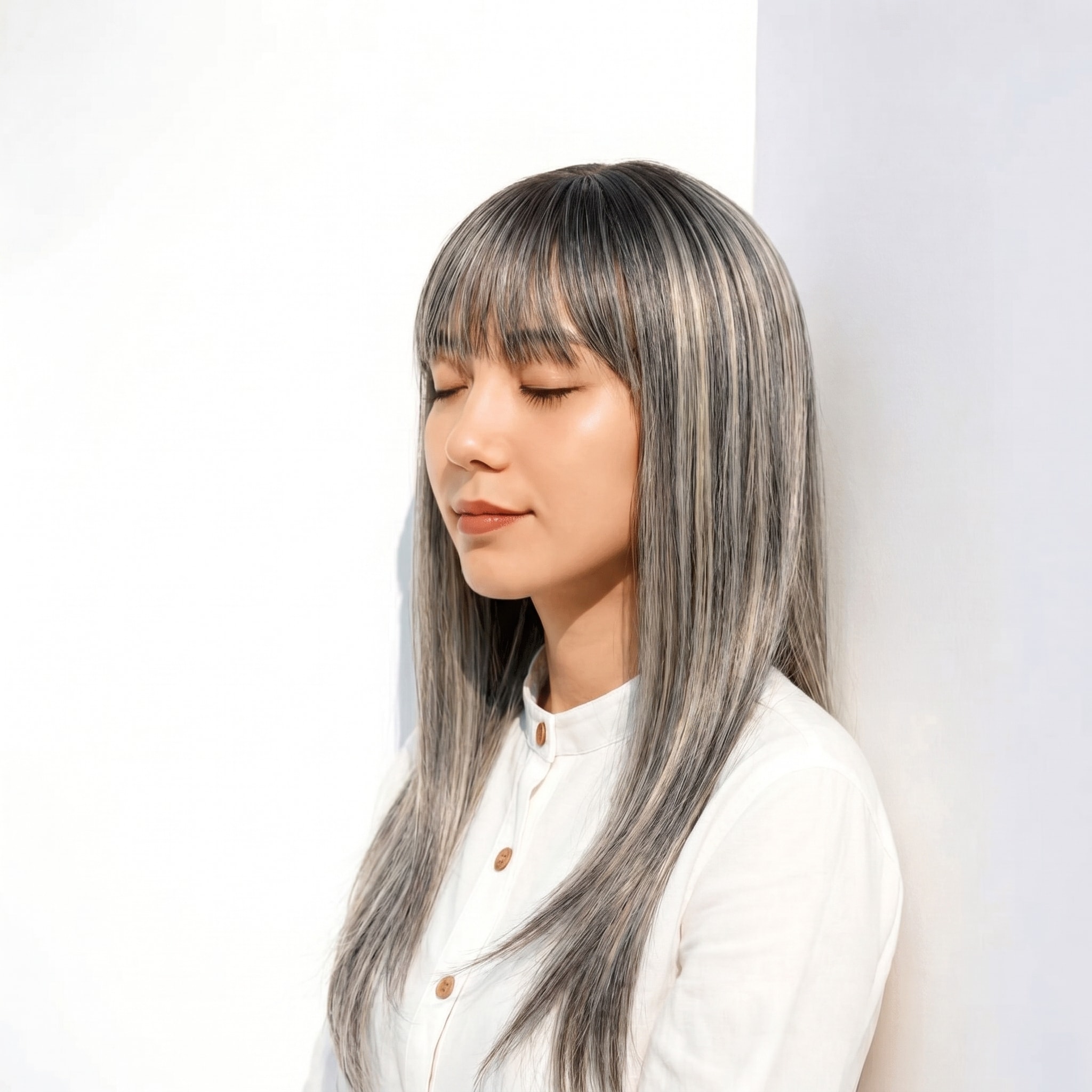 11. ホワイトシルバー×ストレートロング: 赤みを抑えた寒色感で、透明感をきりっと引き出す