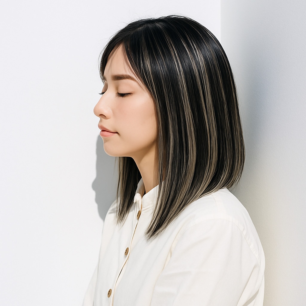 11. ホワイトベージュ×ハイライト：繊細な白い線が動きをプラス