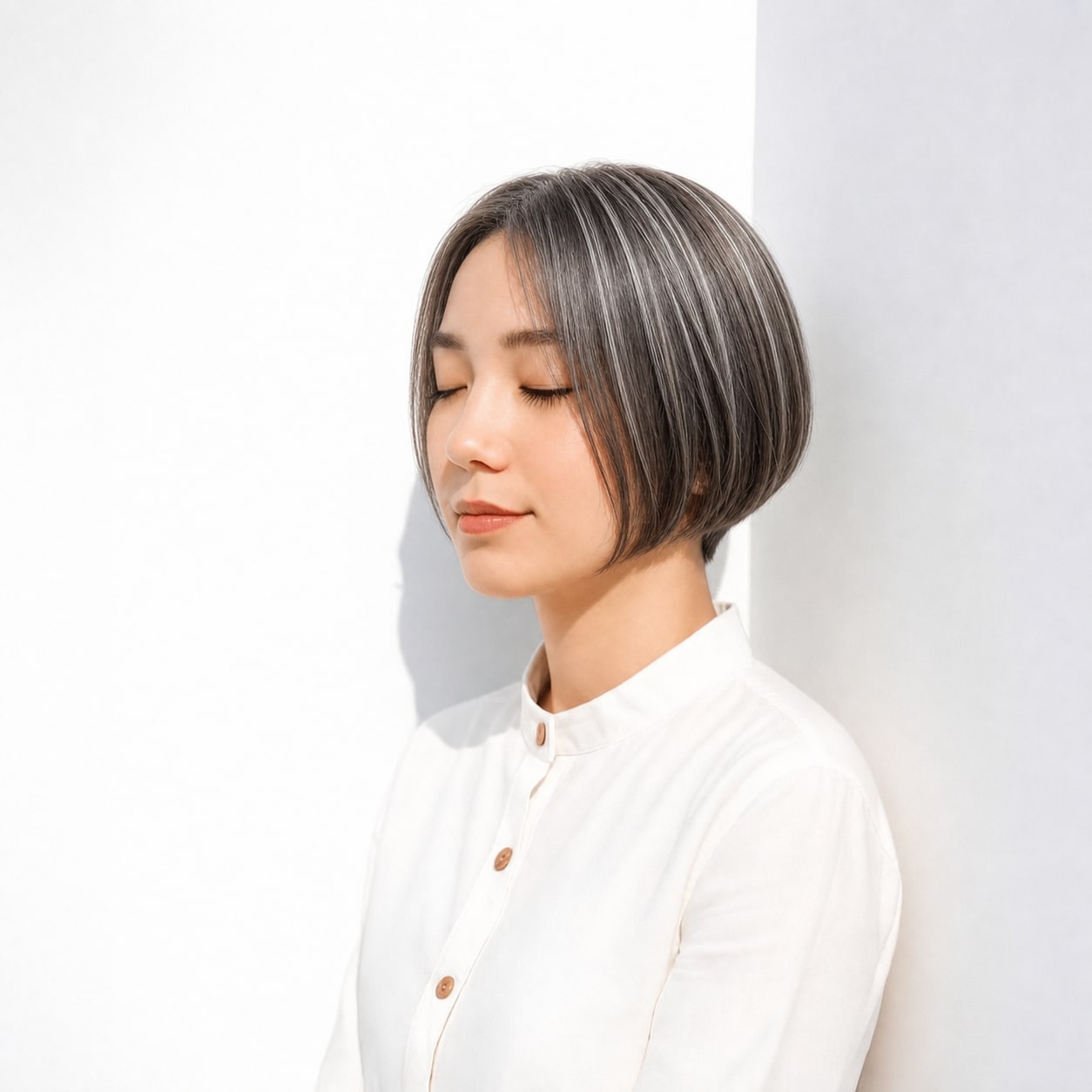 11. ホワイトメッシュ×ストレートボブ: 縦に入る白いラインでボブがすっきりする