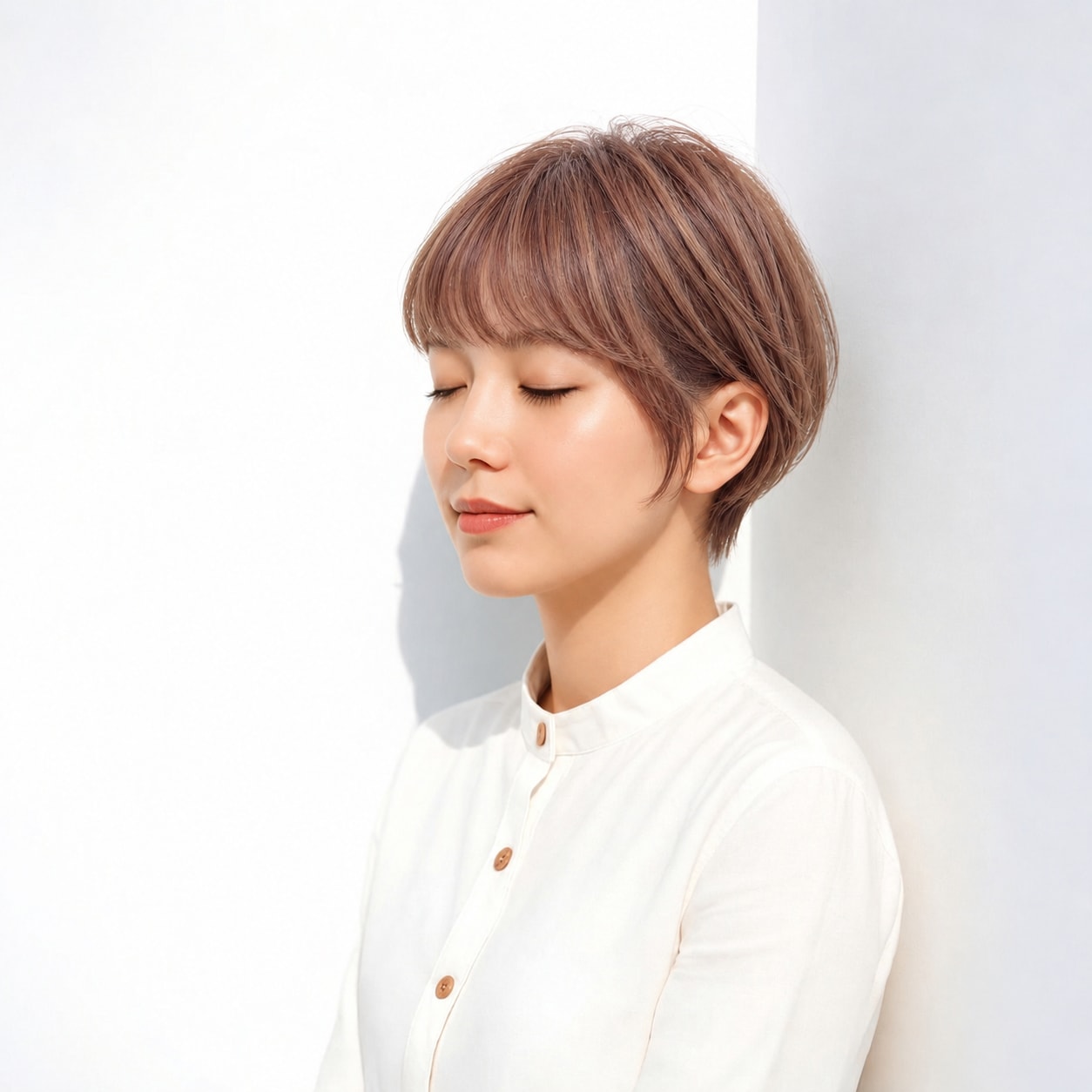 11. マッシュショート × ピンクブラウン：丸い前髪で可愛らしく