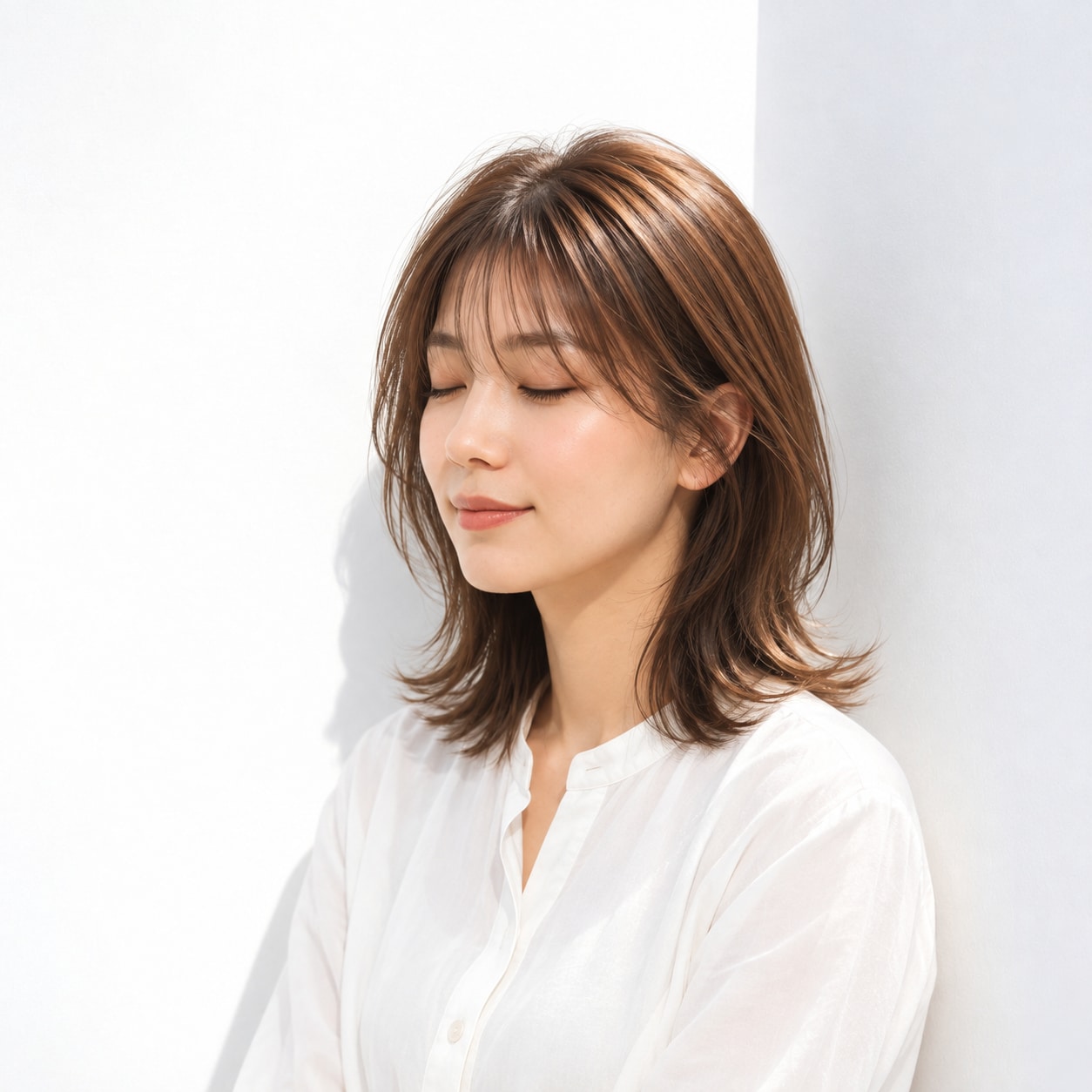 11. ミディアムレイヤー × 前髪あり × 丸みシルエット：頭頂部が平たく見えず、毛先まで自然な高低差がつきます