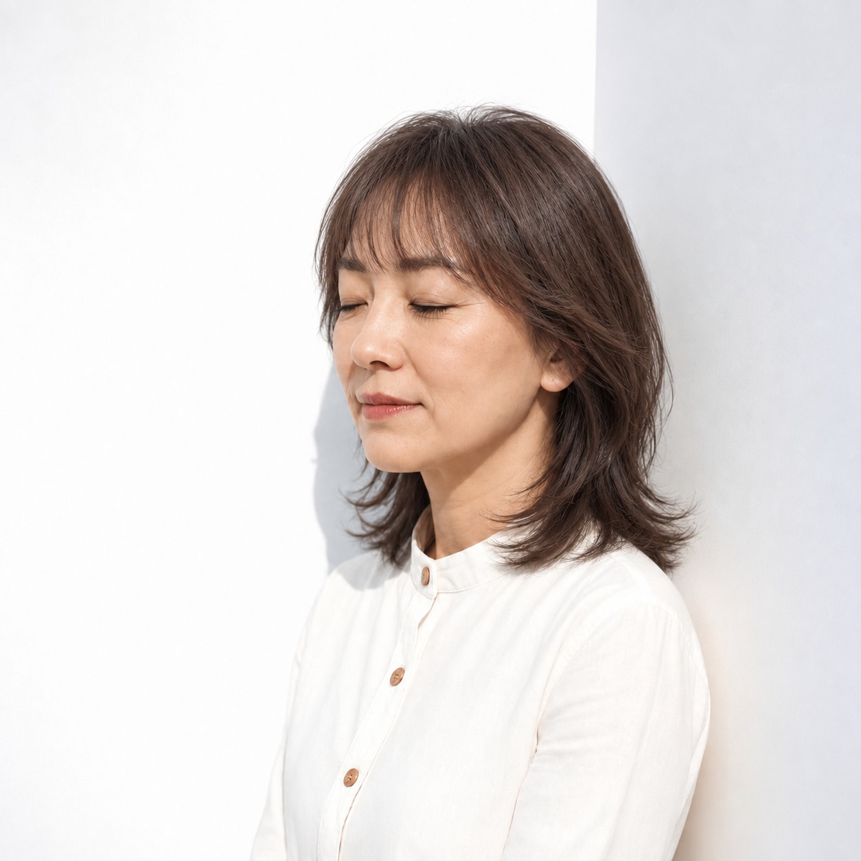 11. ミディアムレイヤー × 前髪あり × 丸みシルエット：頭頂部が平たく見えず、毛先まで自然な高低差がつきます
